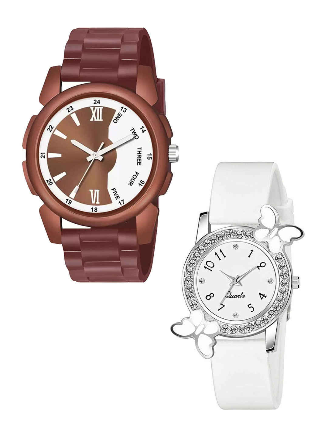 JUST LIKE Unisex Set of 2  Analogue Watches With 50-j-16 brown 1252& Bf White couple -2