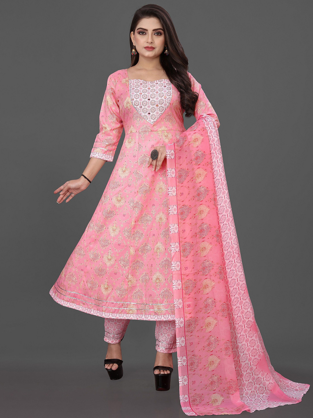 KANGOPI FASHION Ethnic Motifs Embroidered Round Neck A-Line Kurta With Trousers & Dupatta
