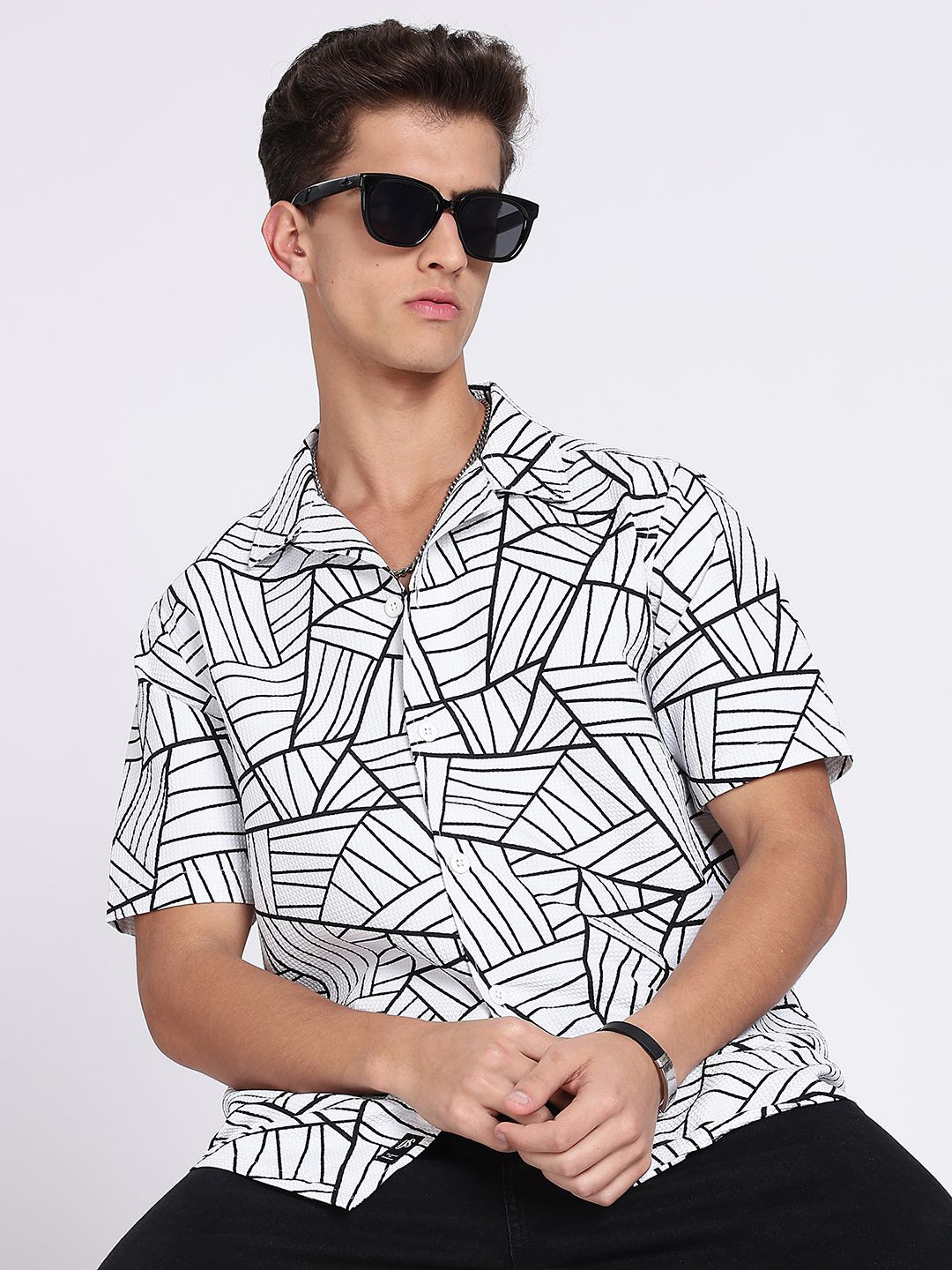 Guns & Sons Comfort Geometric Printed Cuban Collar Casual Shirt
