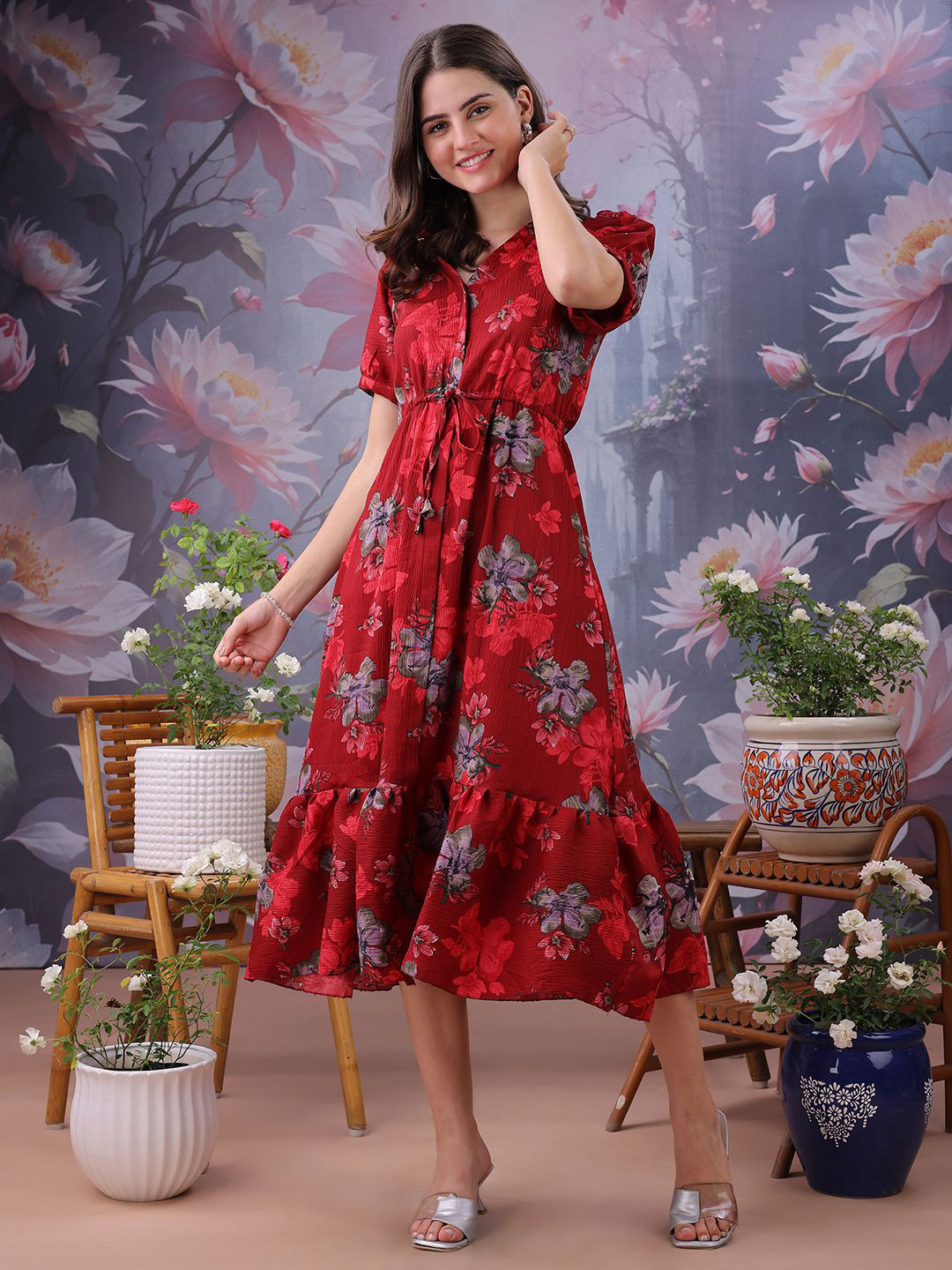 Pinly Shirt Collar Floral Printed Crepe Fit & Flare Dress