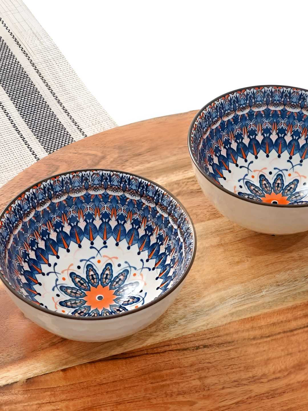 Femora White & Blue 2 Pieces Printed Procelain Glossy Bowls
