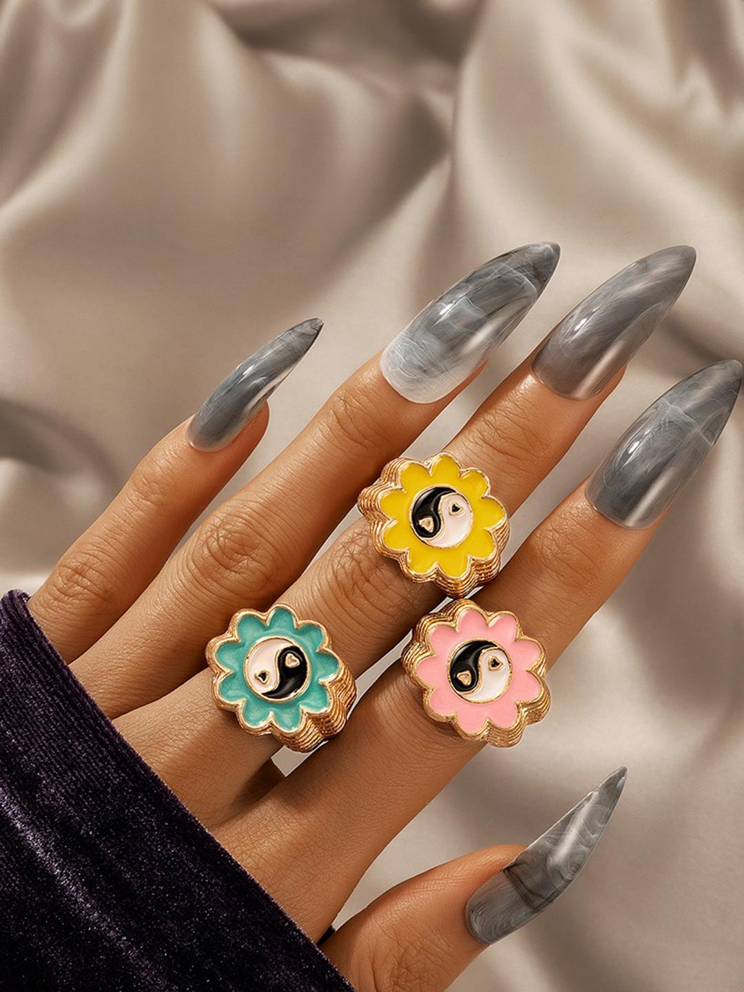 TheVineGirl Women Set Of 3 Multi Colored Japanese & Korean Flower Ring Set