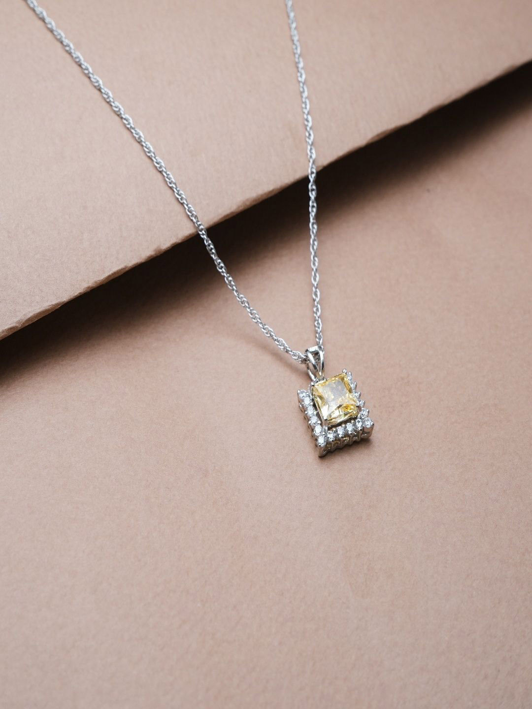 TASSYA Silver-Plated Solitaire Diamond Studded Square Shaped Pendant With Chain