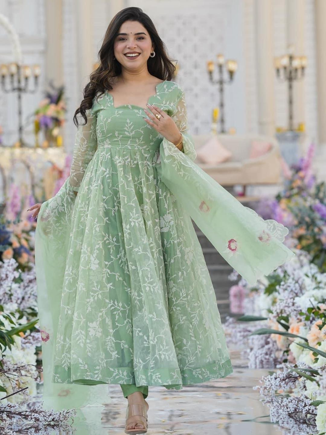 KALINI Women Lime Green Organza Kurta Sets