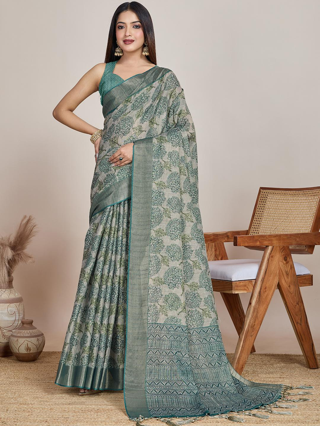 DIVASTRI Sea Green Tissue Woven Design Sarees