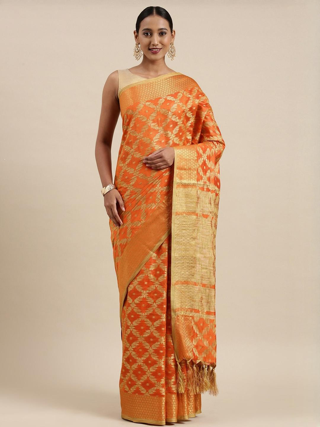 Orange Banarasi Silk saree With Unstiched Blouse Blouse Piece