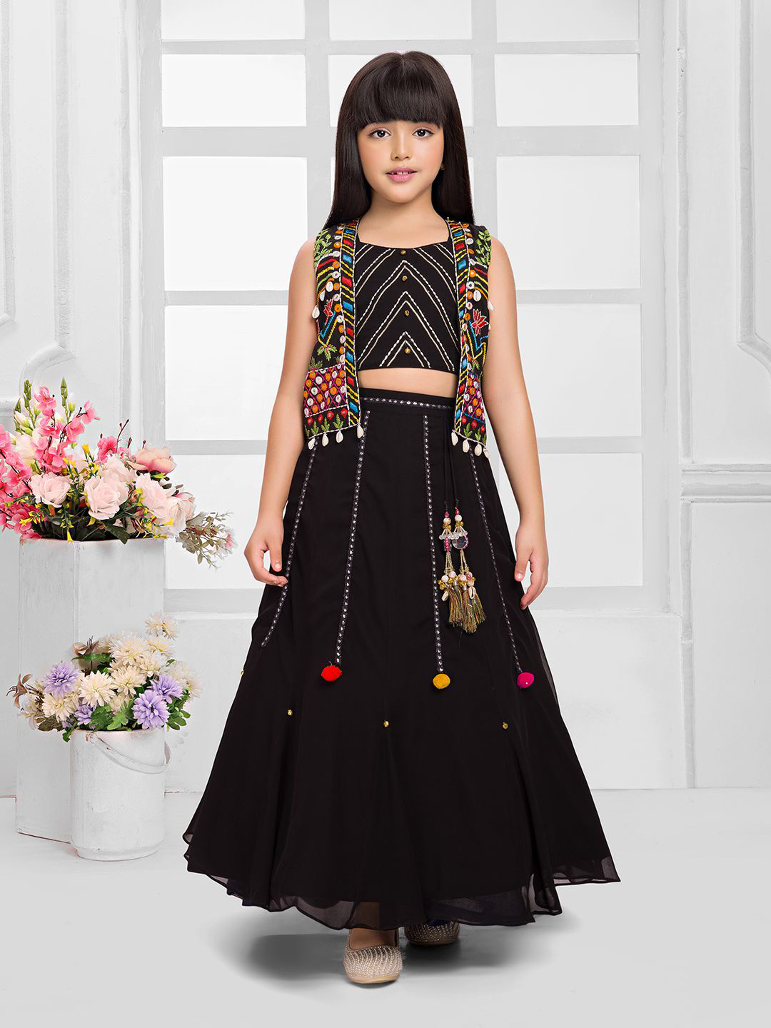 Tiny Kingdom Girls Embroidered Round Neck Ready to Wear Lehenga Choli With Jacket