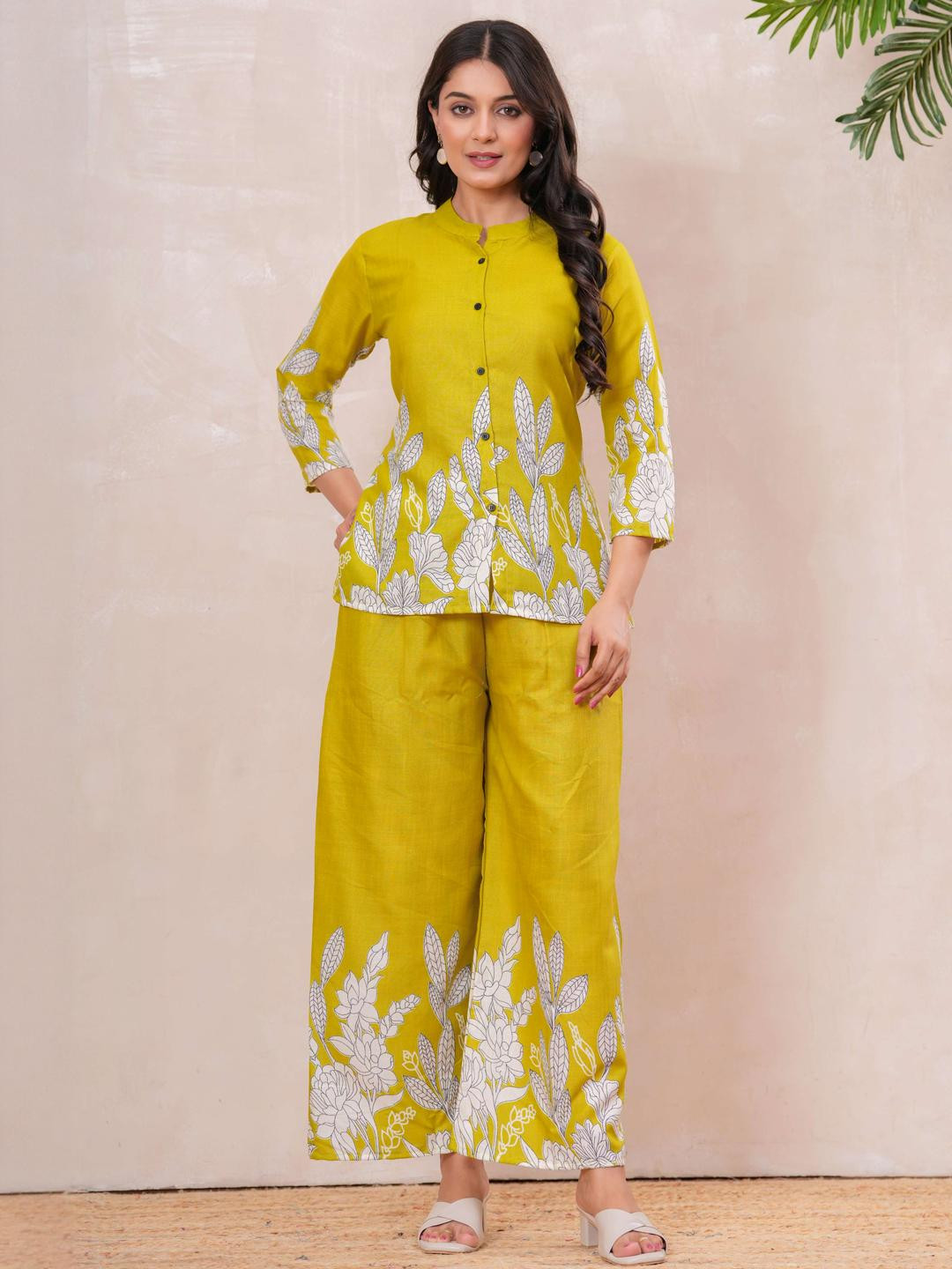 DIZON Women Yellow Printed Mandarin Collar Shirt And Palazzo Co-ord Set