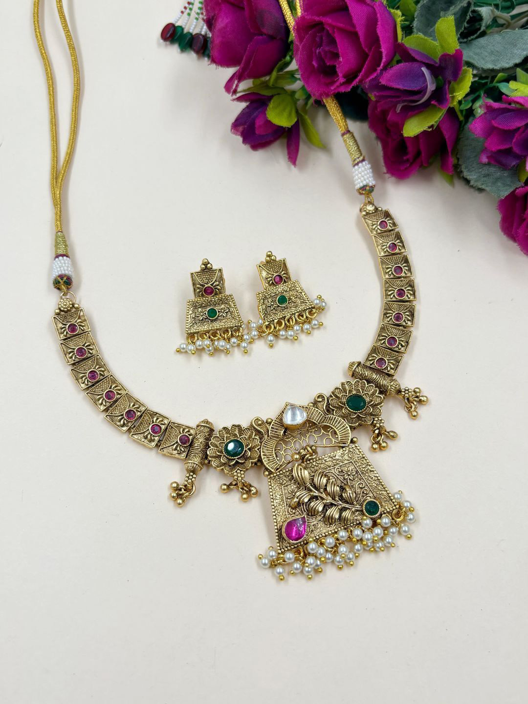 Gehna By Beadazzled Gold-Plated Stones Studded & Beaded Short Antique Jewellery Set