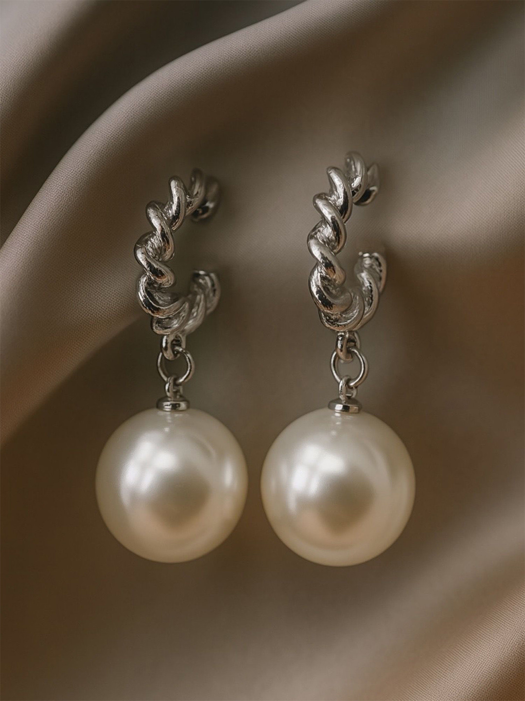 Digital Dress Room Silver Plated Pearls Beaded Spherical Shaped Half Hoop Earrings
