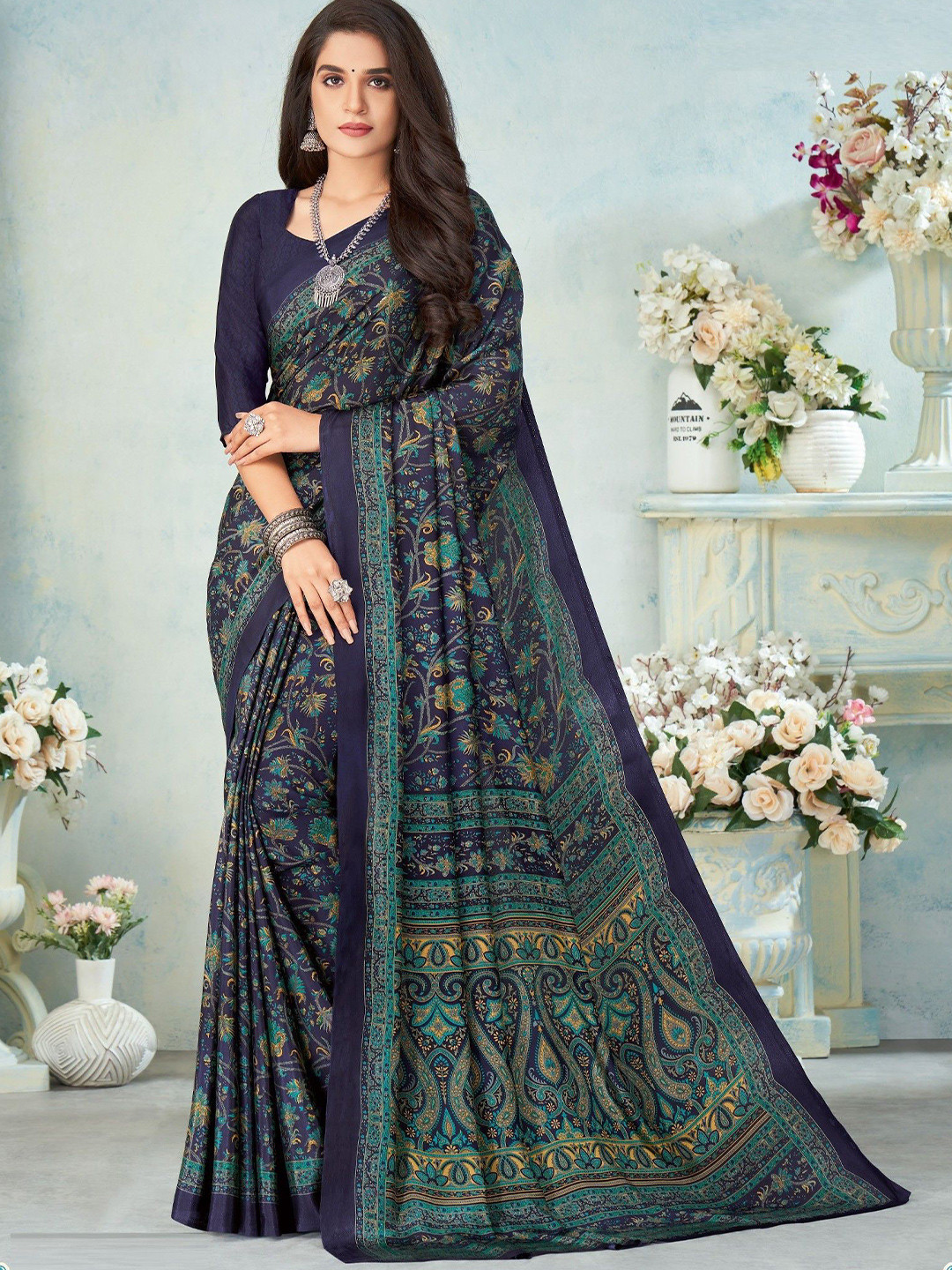 THE FASHION ATTIRE Dark Blue Floral Printed Crepe Saree With Blouse