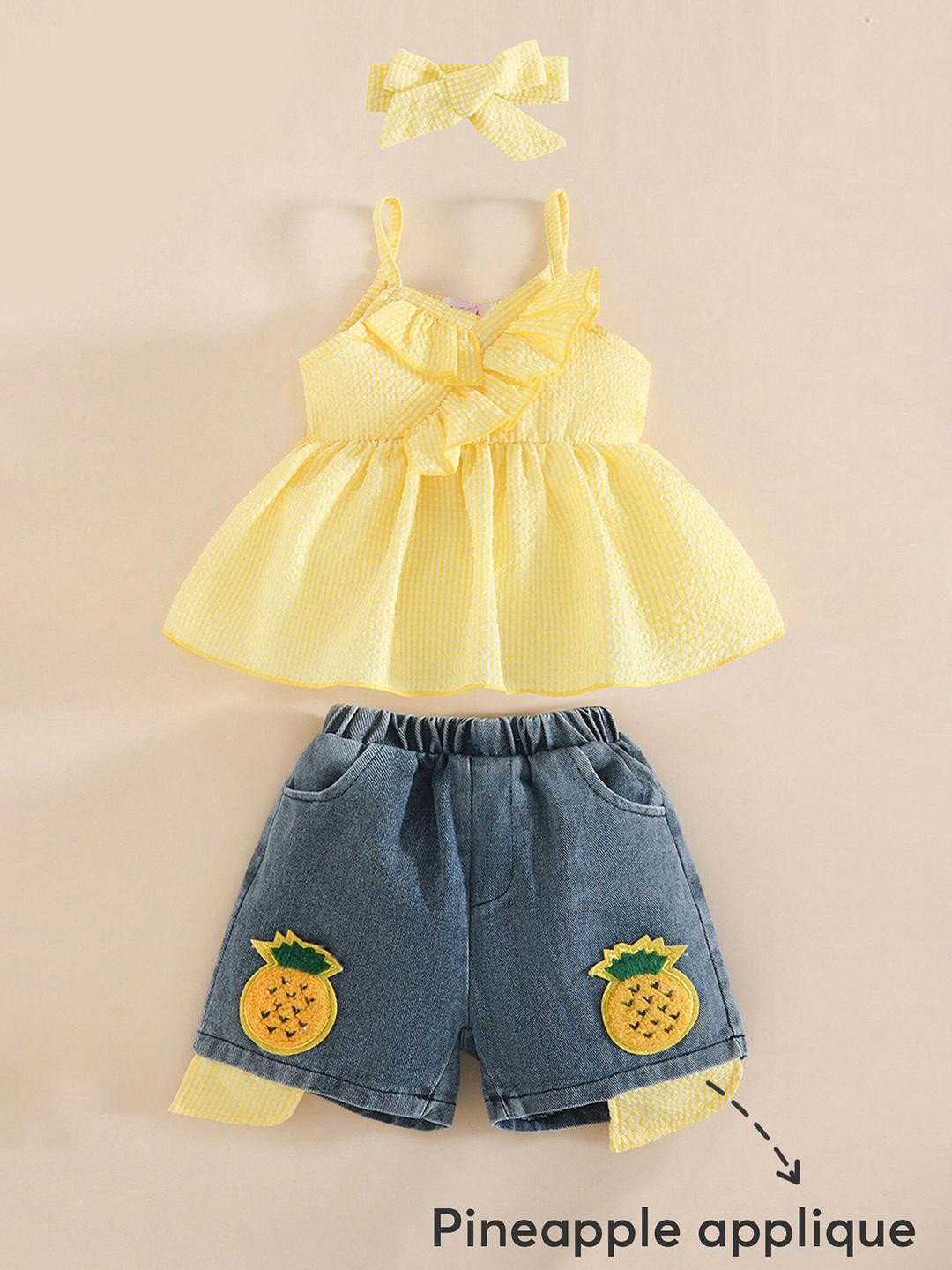 2-Pc Applique Blouse & Denim Shorts