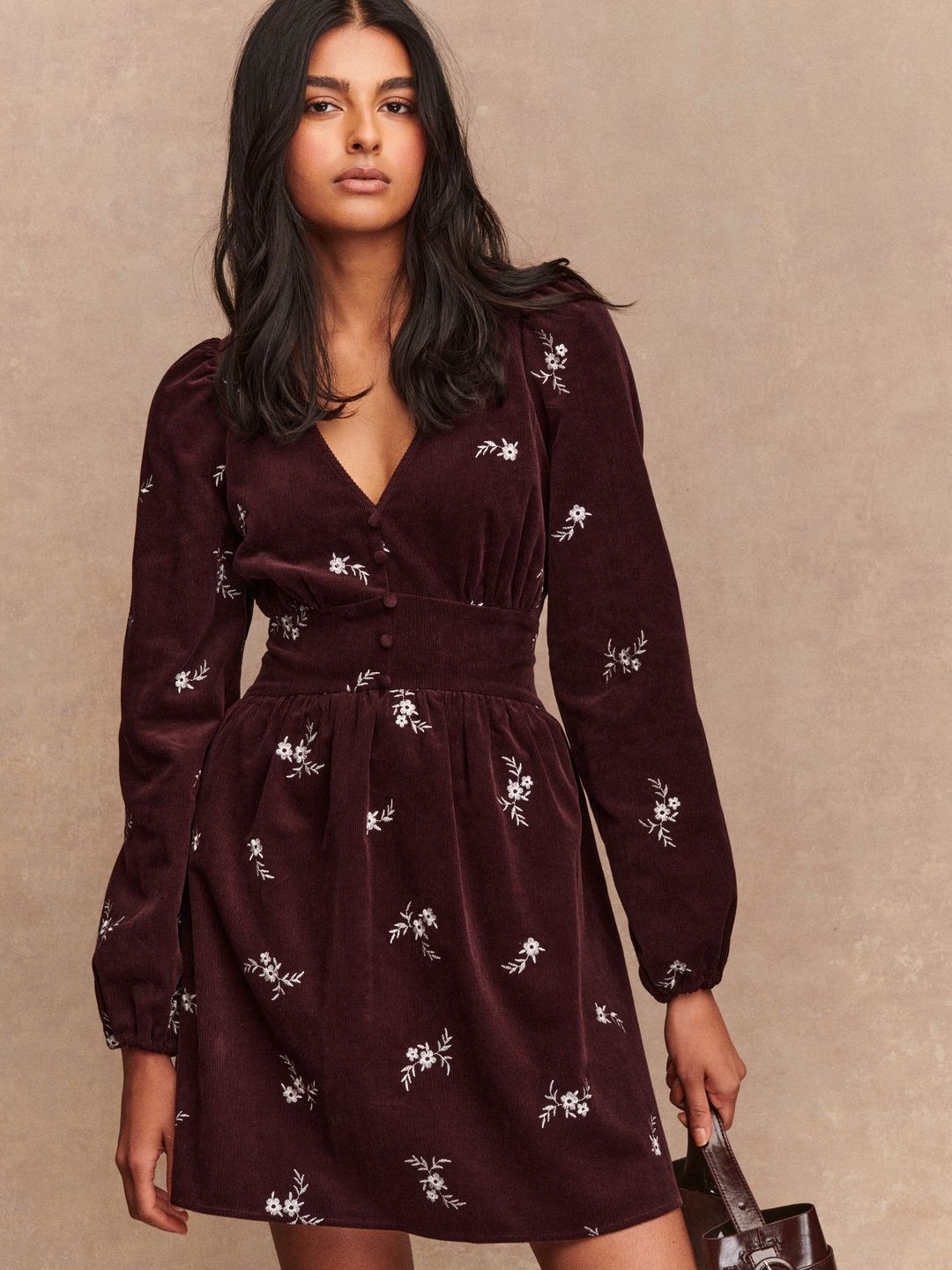 NEXT Pure Cotton Floral Embroidered Gathers Puff Sleeve A-Line Corduroy Mini Dress