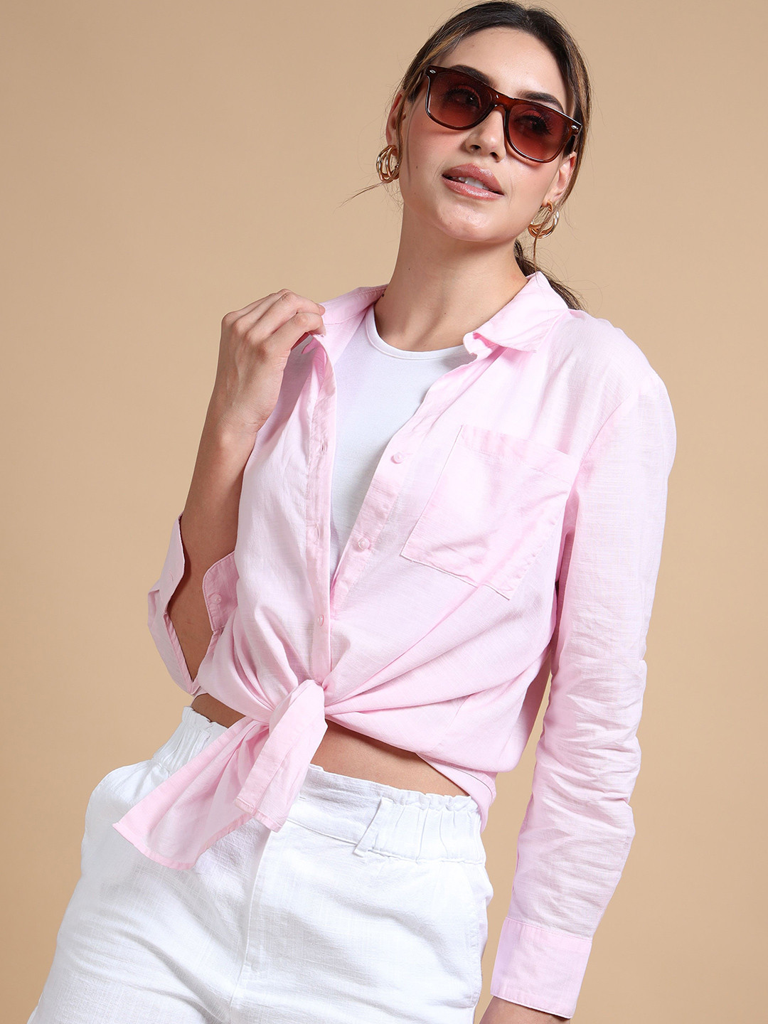 Glam & Chique Women Oversized Solid Cotton Casual Shirt with Pocket