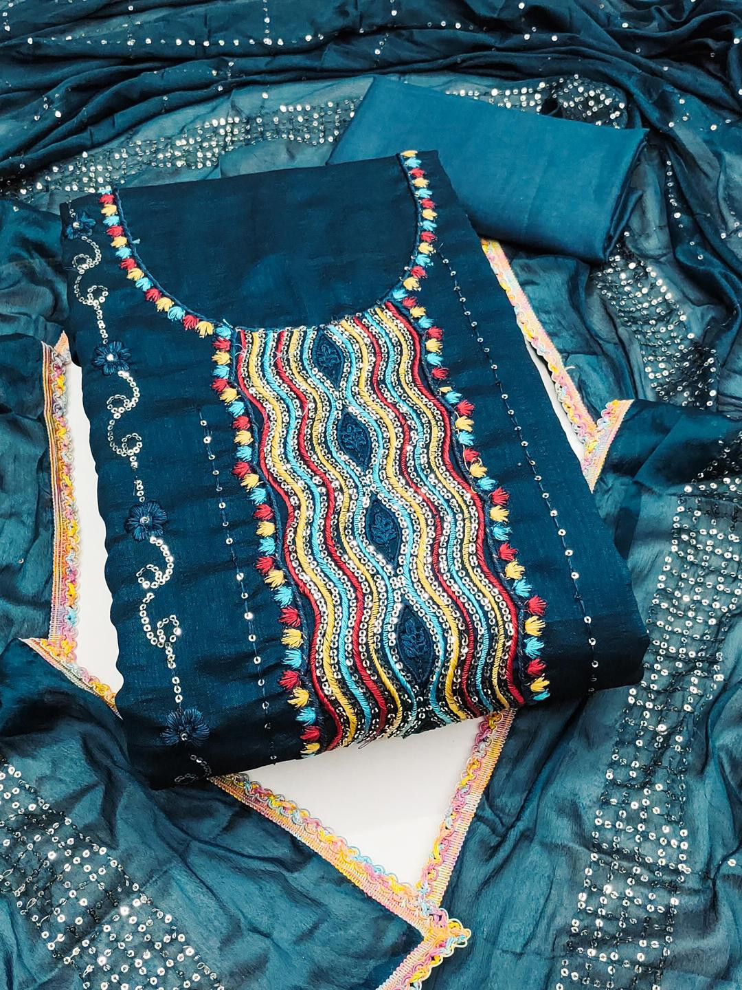 Kalini Women Teal Vichitra Silk Sequence Unstitched Dress Material with Dupatta