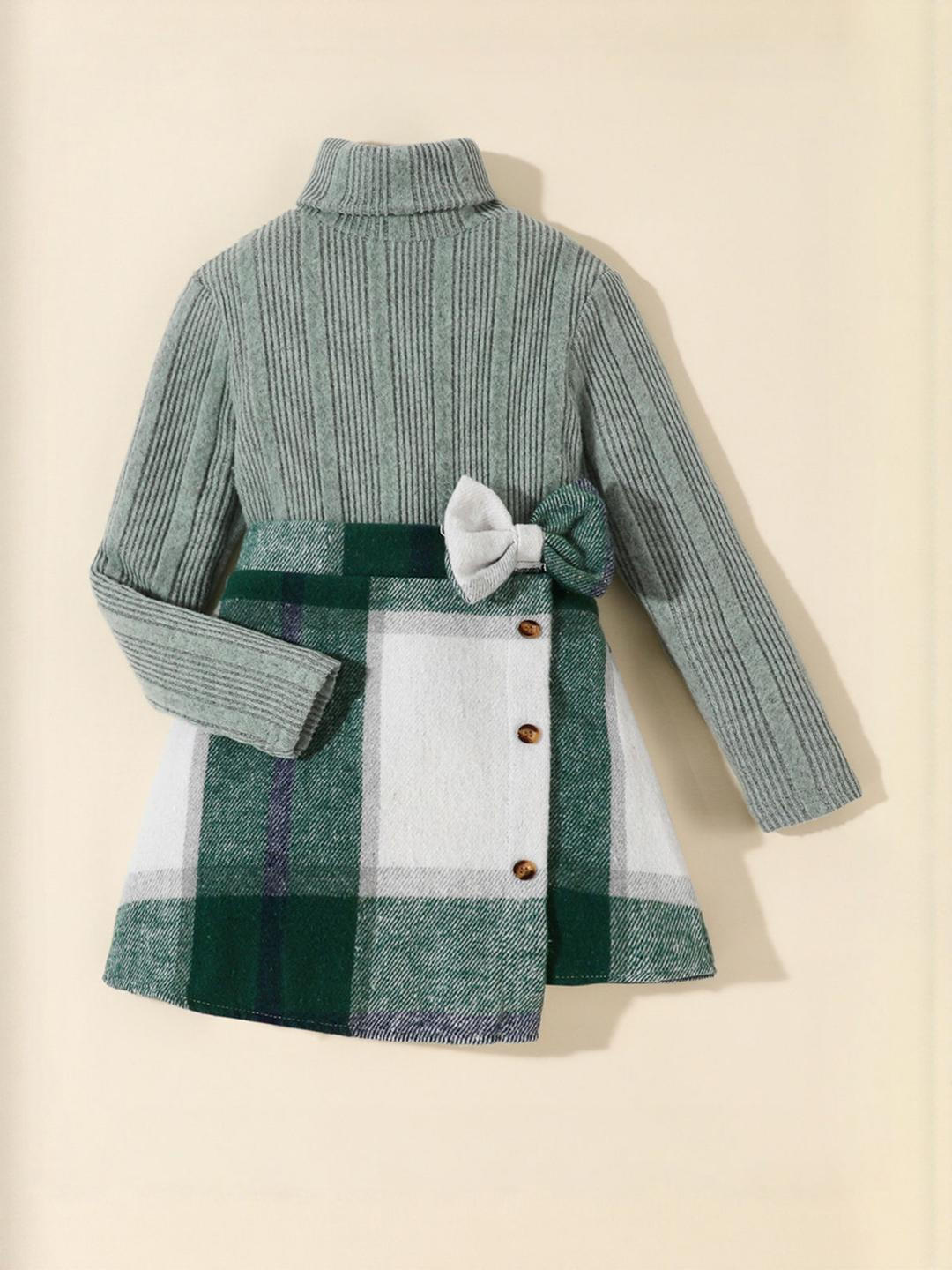 2-Pc Turtle Neck Checkered Blouse & Skirt
