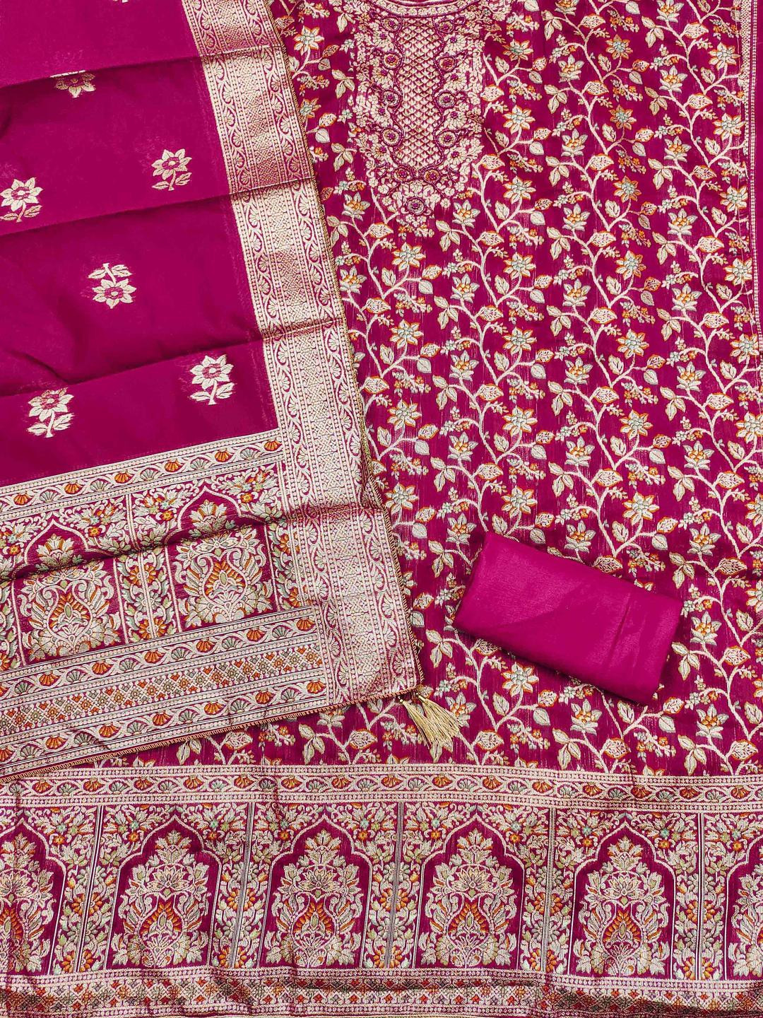 Kalini Women Magenta Jacquard Weaving Unstitched Dress Material with Dupatta