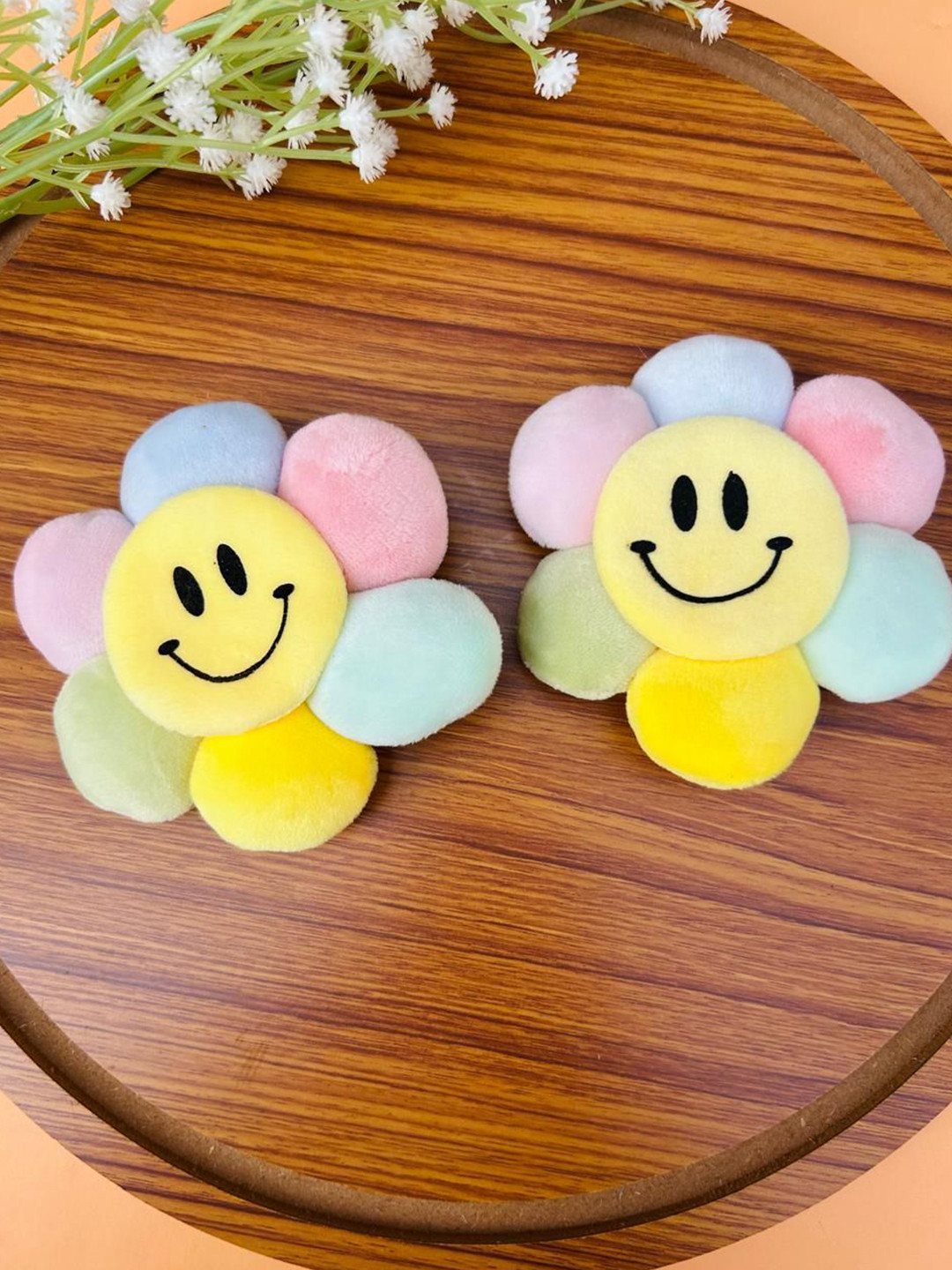Radhya Accessories Colorful Flower Smiley Plushy Set of 2 Hair Clips