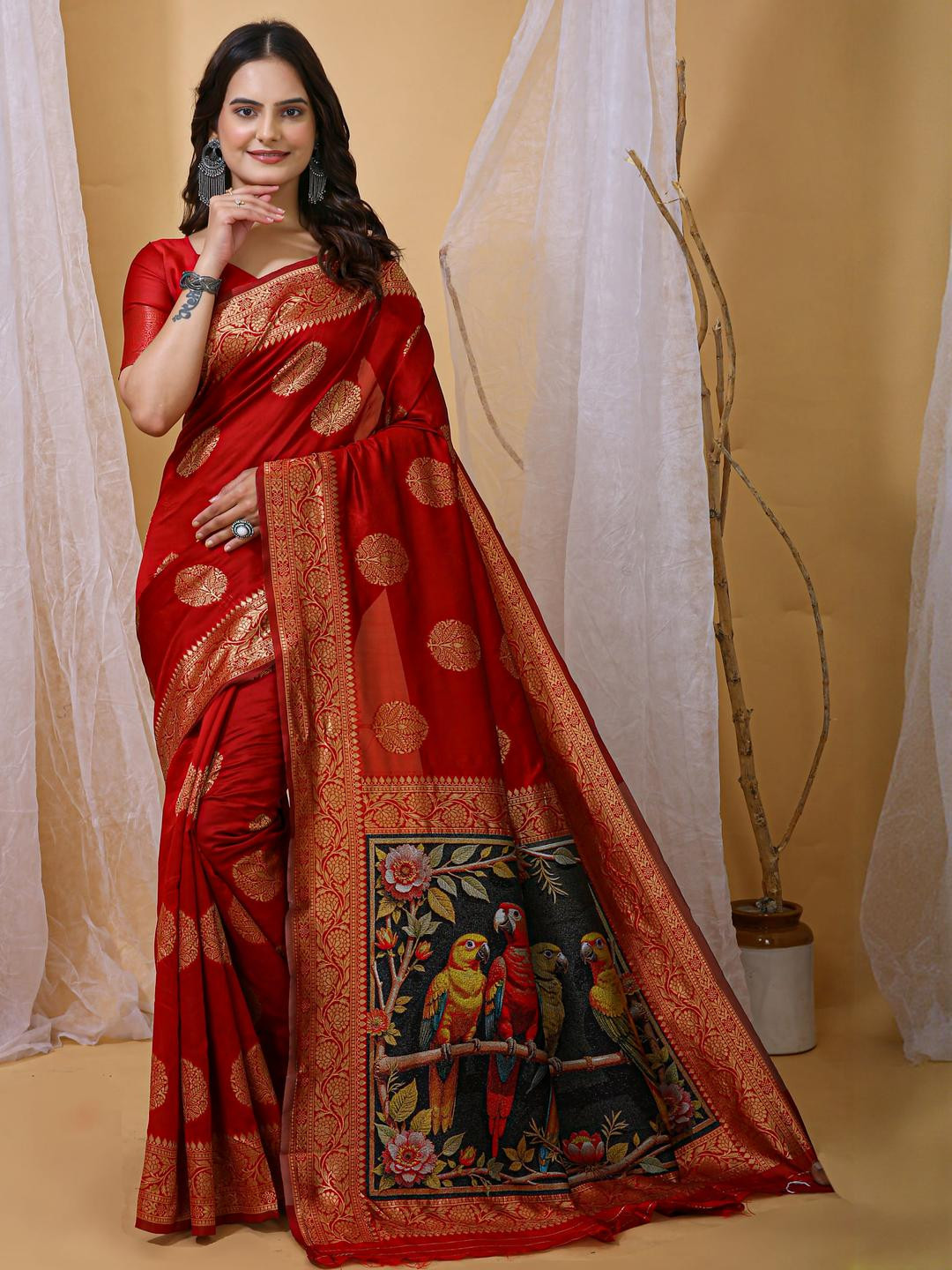 DIVASTRI Red Woven Design Art Silk Banarasi Sarees