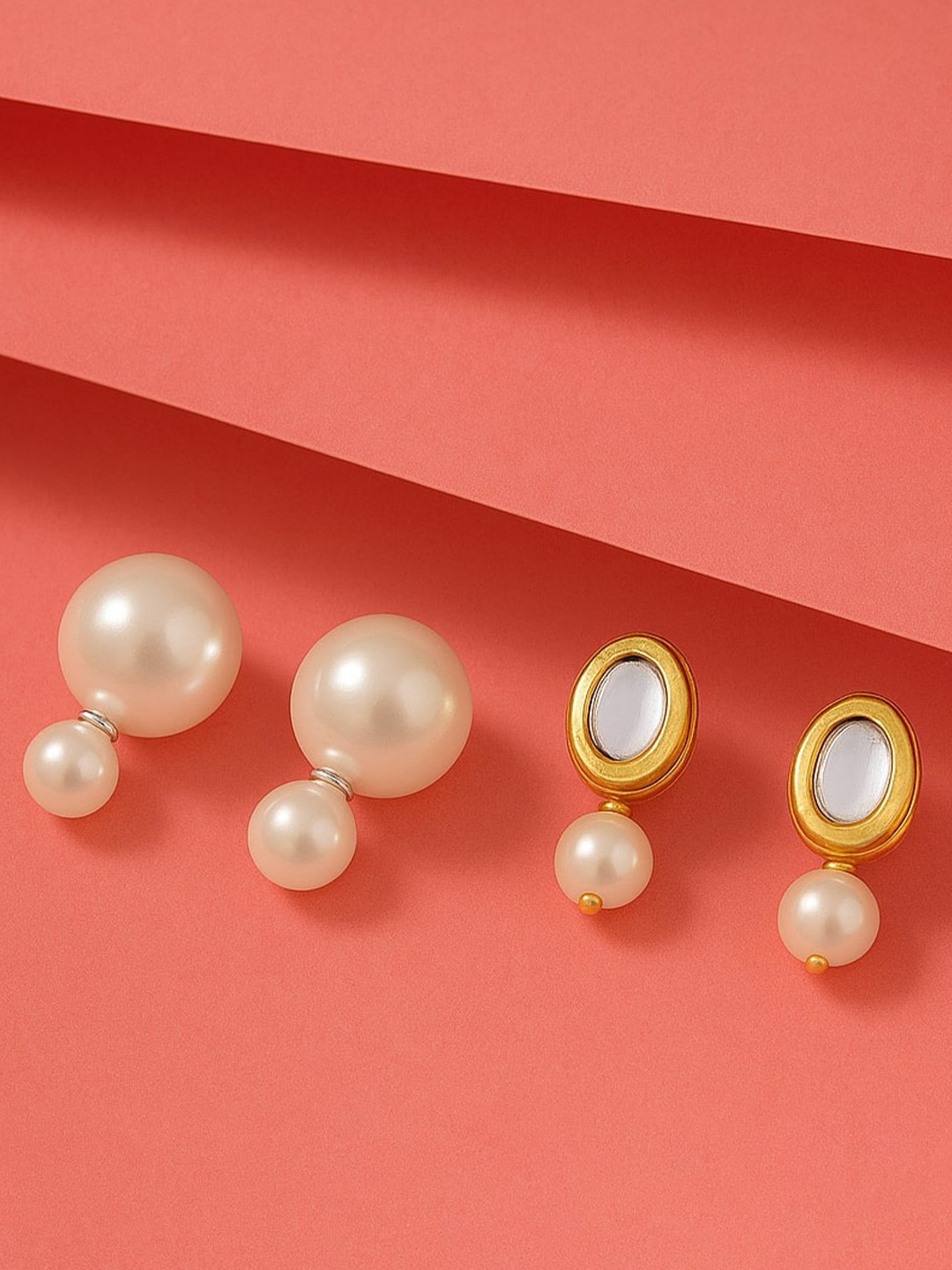 ORANGENYSHA Set Of 2 Gold-Plated Pearls Beaded Double Sided Spherical Shaped Studs