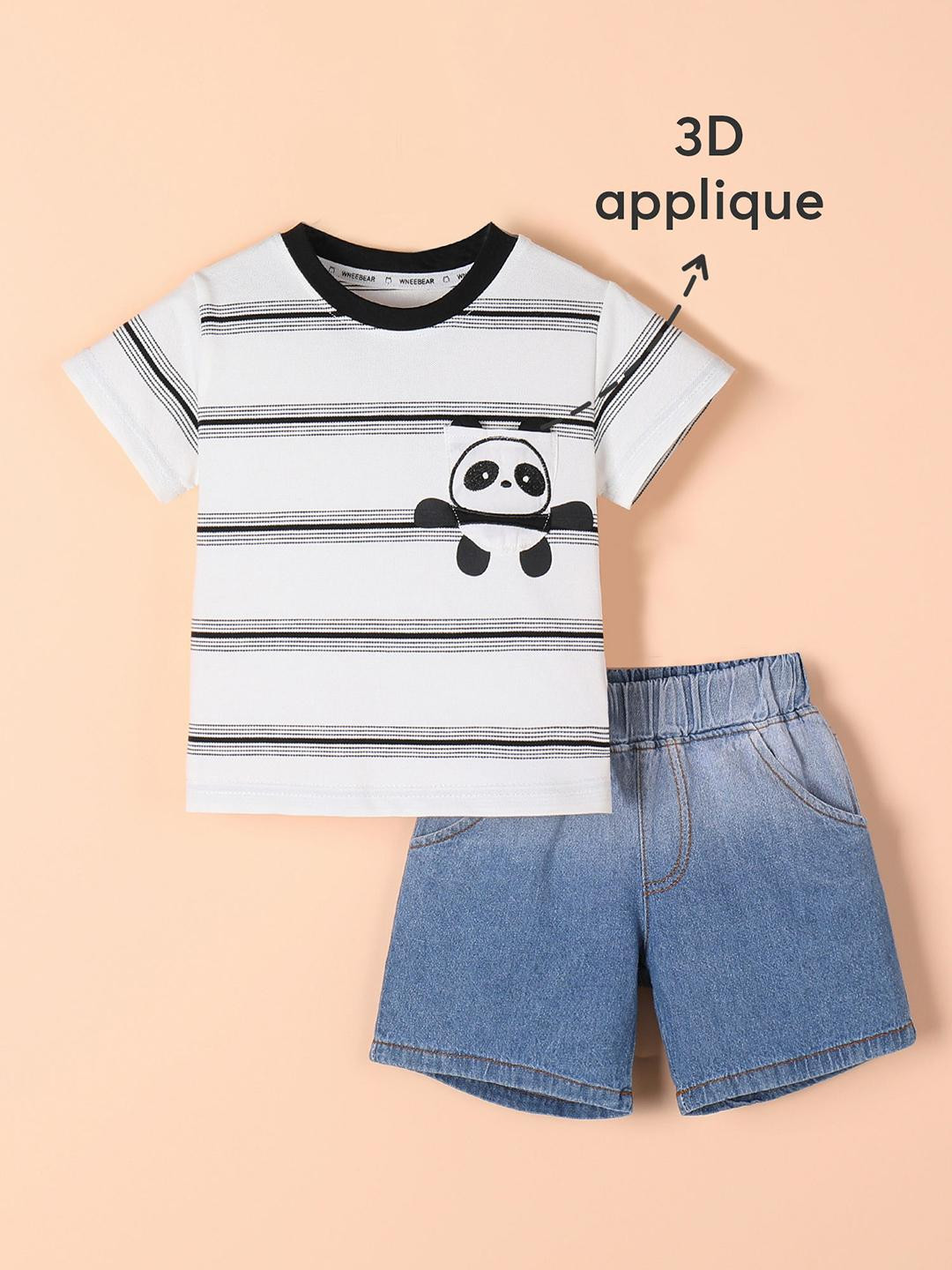 2-Pc Striped Panda T-shirt & Denim Shorts