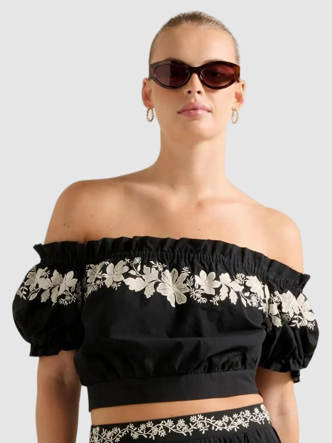 Forever New Blaire Women Floral Embroidery Off-Shoulder Cotton Bardot Crop Top