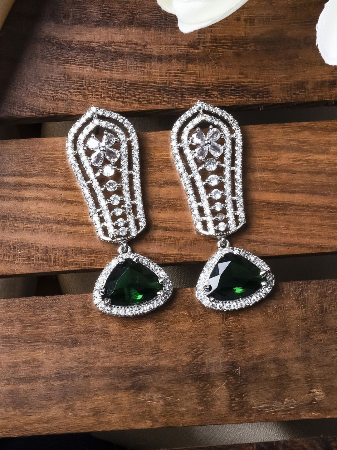 StileAdda Silver-Plated American Diamond And CZ Studded Triangular Shaped Drop Earrings