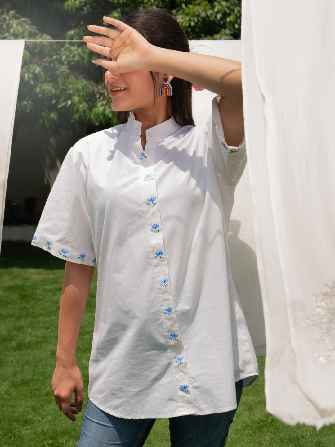 OCTOBER Ivory Blue Lotus Handpainted Band Neck Collar Cotton Shirt