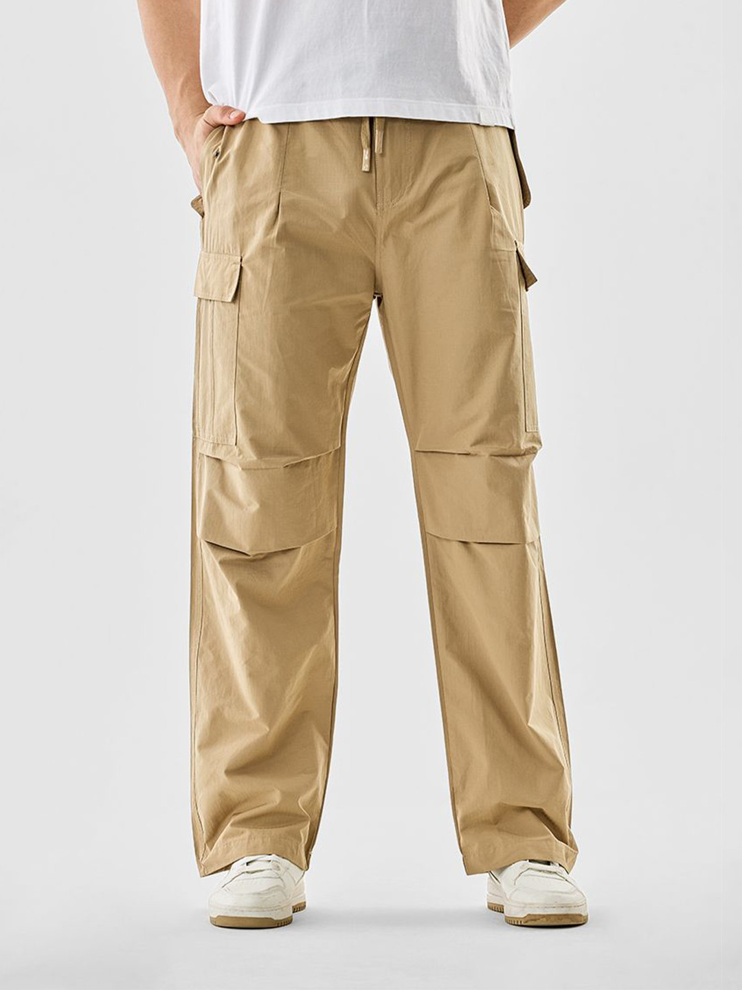 Snitch Men Snitch Beige Mid-Rise Baggy Cargo Pants Trouser