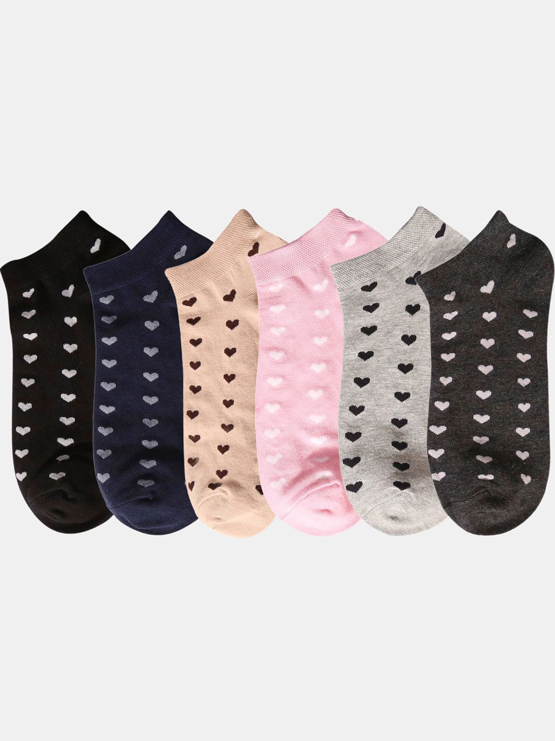 N2S NEXT2SKIN Women Pack Of 6 Assorted Tiny Hearts Cotton Ankle-Length Socks