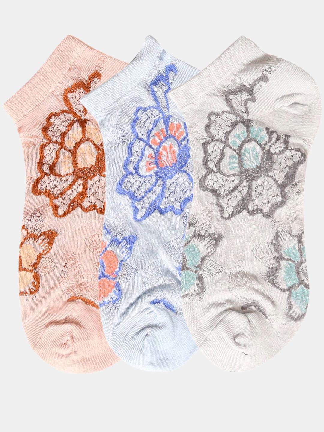 N2S NEXT2SKIN Women Pack Of 3 Flowered Pattern Cotton Ankle-Length Socks