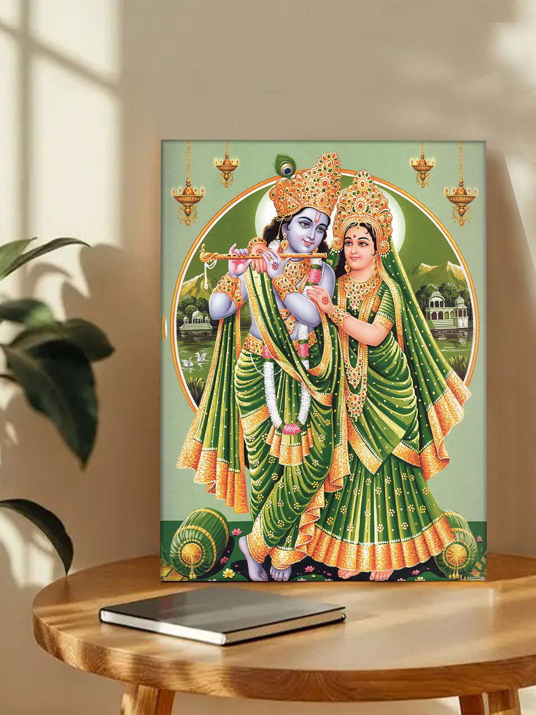 Art Street Green & Orange Colored Sri Radha Krishna Printed Canvas Wall Art
