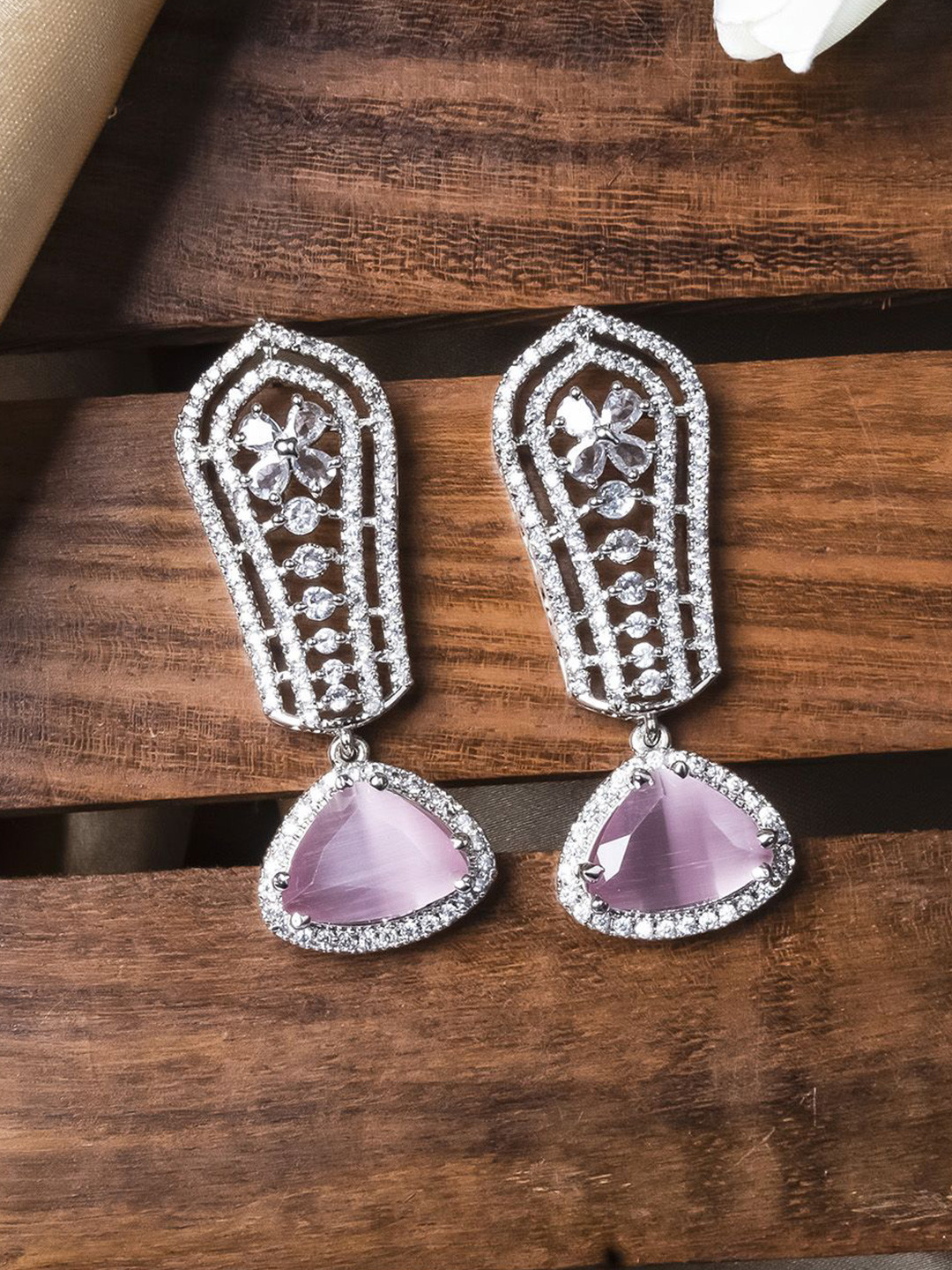 StileAdda Silver-Plated American Diamond And CZ Studded Triangular Shaped Drop Earrings