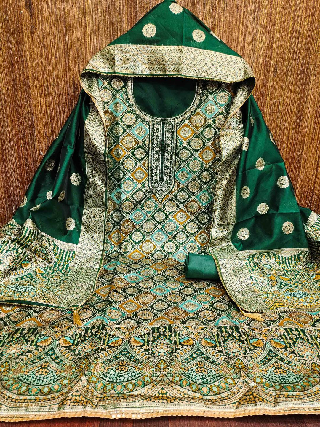 KALINI Women Green Jacquard Hand Work Unstitched Dress Material