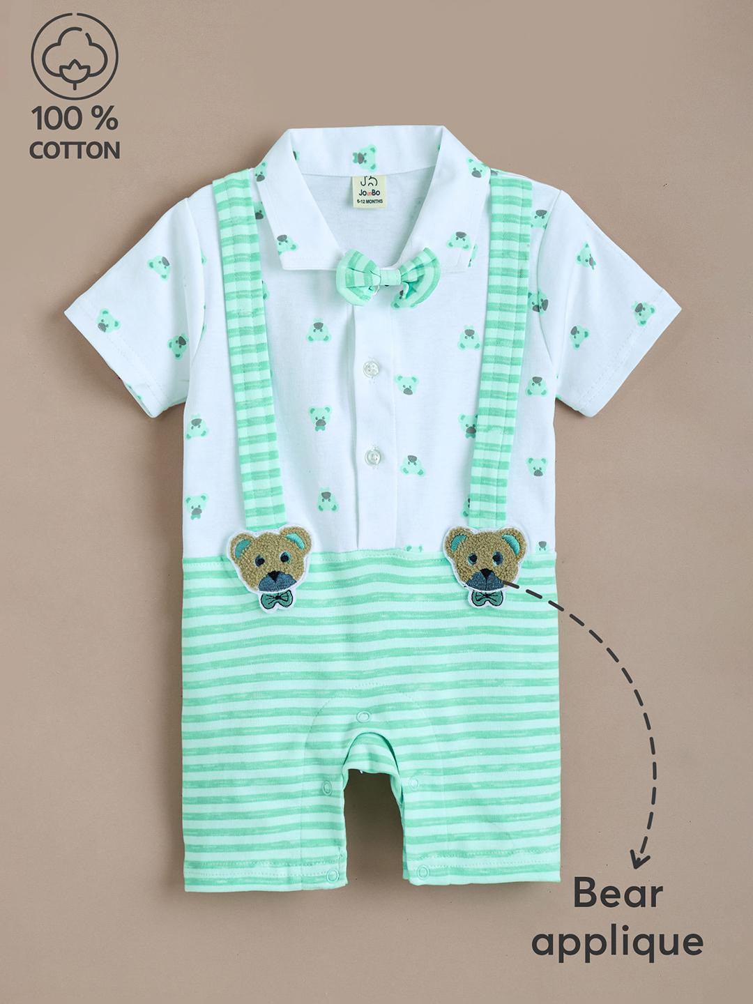 Hopscotch Unisex Kids Green & White Bear Printed Cotton Applique Romper