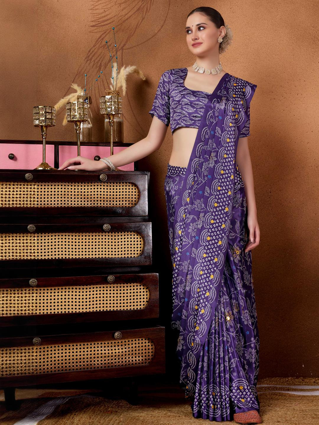 RACHNA Purple  Bandhani Floral Printed Mirror Work Ready to Wear Saree