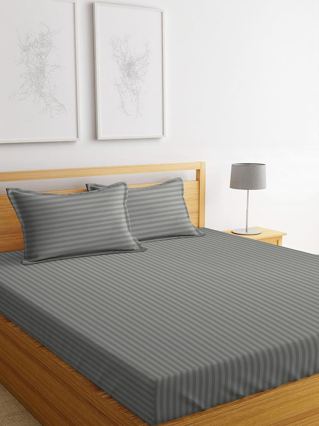 DREAM LIVING Plain Stripe Flat King Size Bedsheet Set-1+2