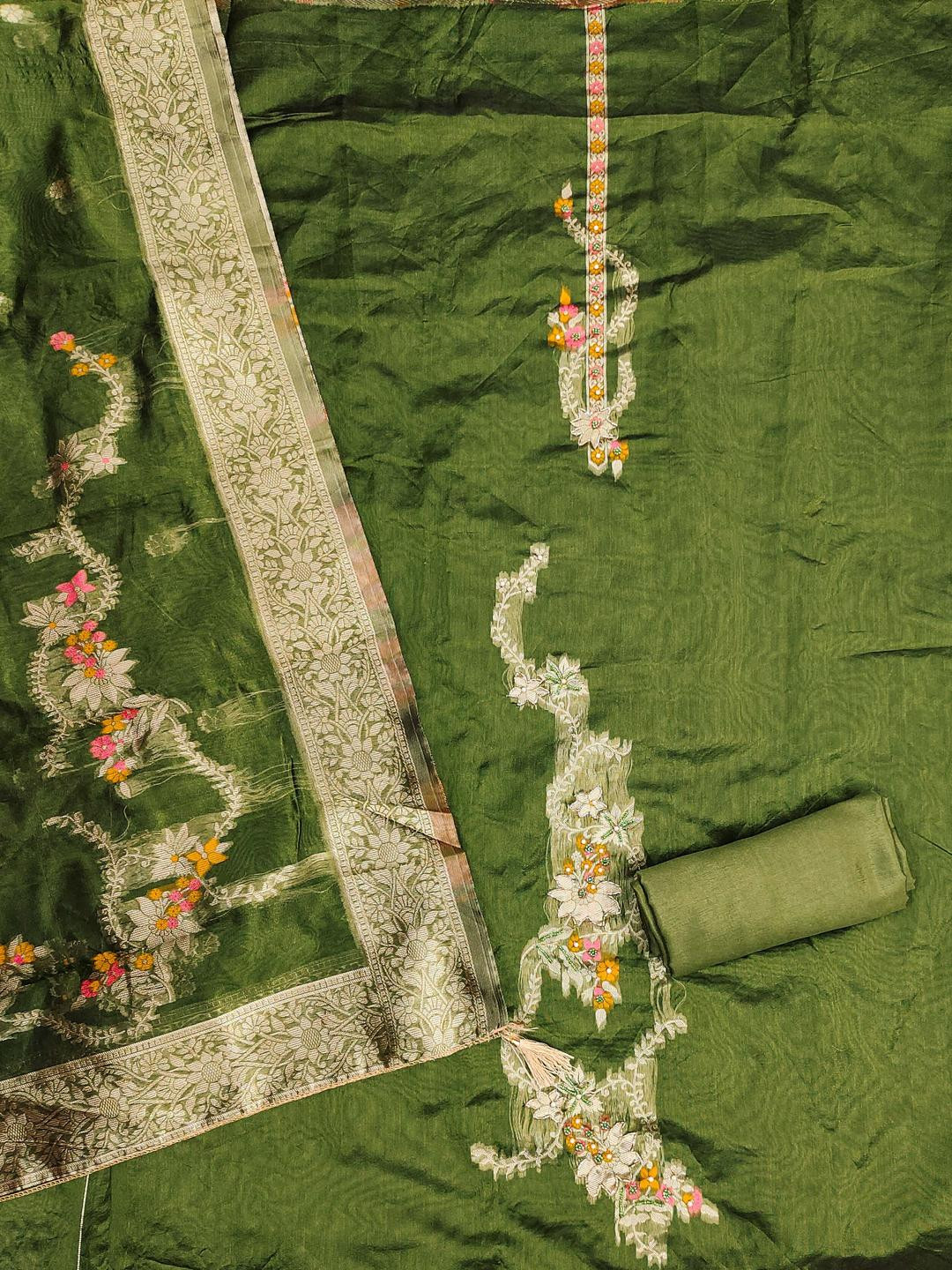 Kalini Women Green Jacquard Hand Work Unstitched Dress Material with Dupatta