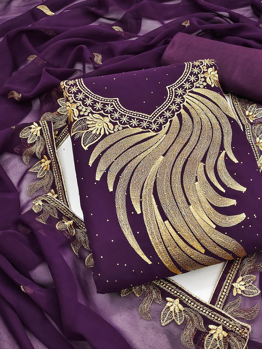 Purple Georgette Embroiderd Jari Work Unstitched Dress Material