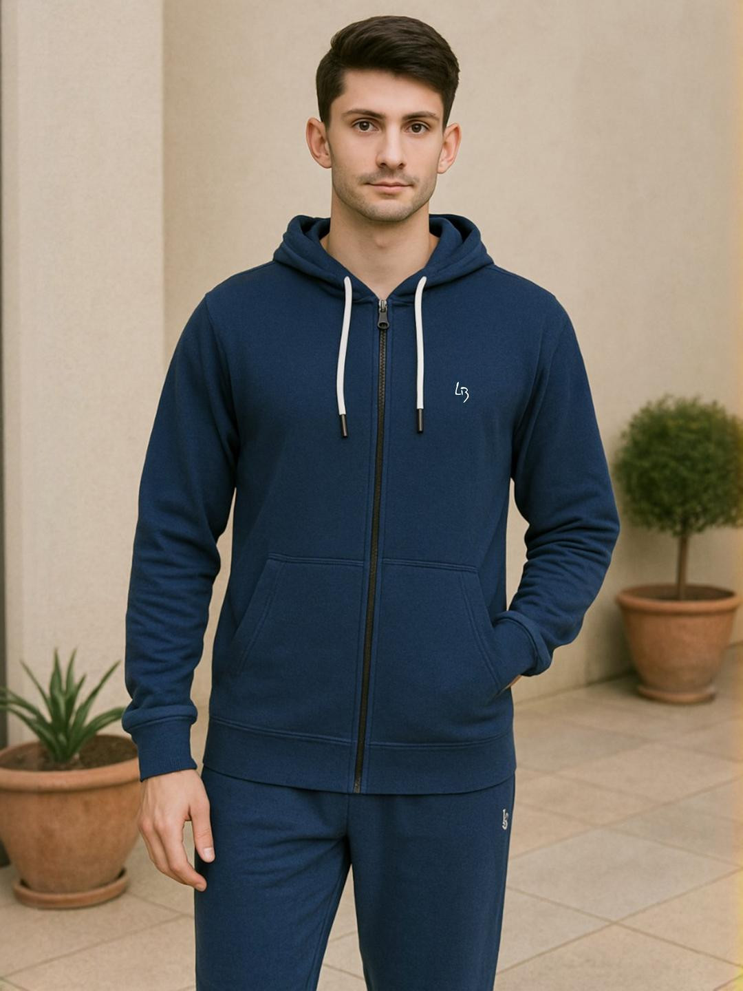 LEE BONEE Men Blue Hooded Cotton Kangaroo Pocket Sweatshirt