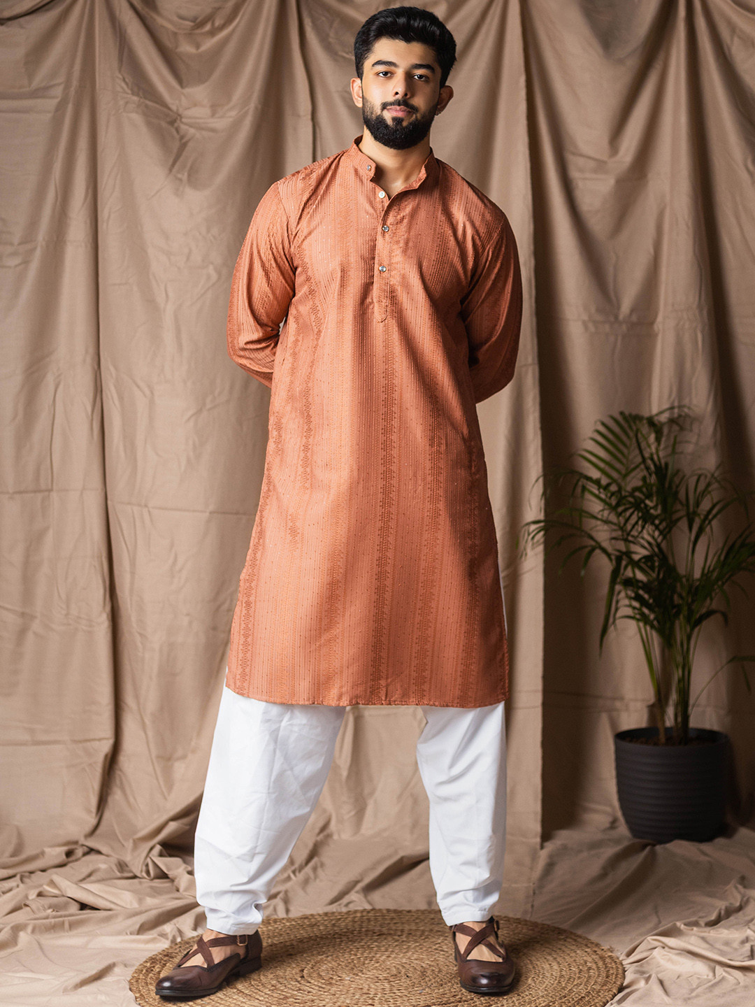 Rawayi Men Striped Embroidered Roll-Up Sleeves A-Line Kurta