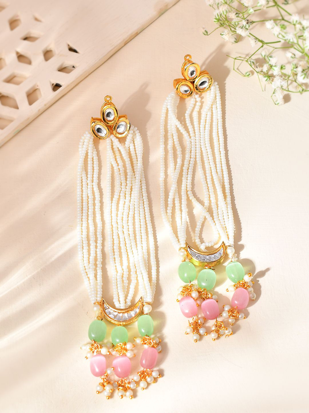 Silvermerc Designs Gold-Toned Kundan & Beaded Layered Statement Classic Drop Earrings