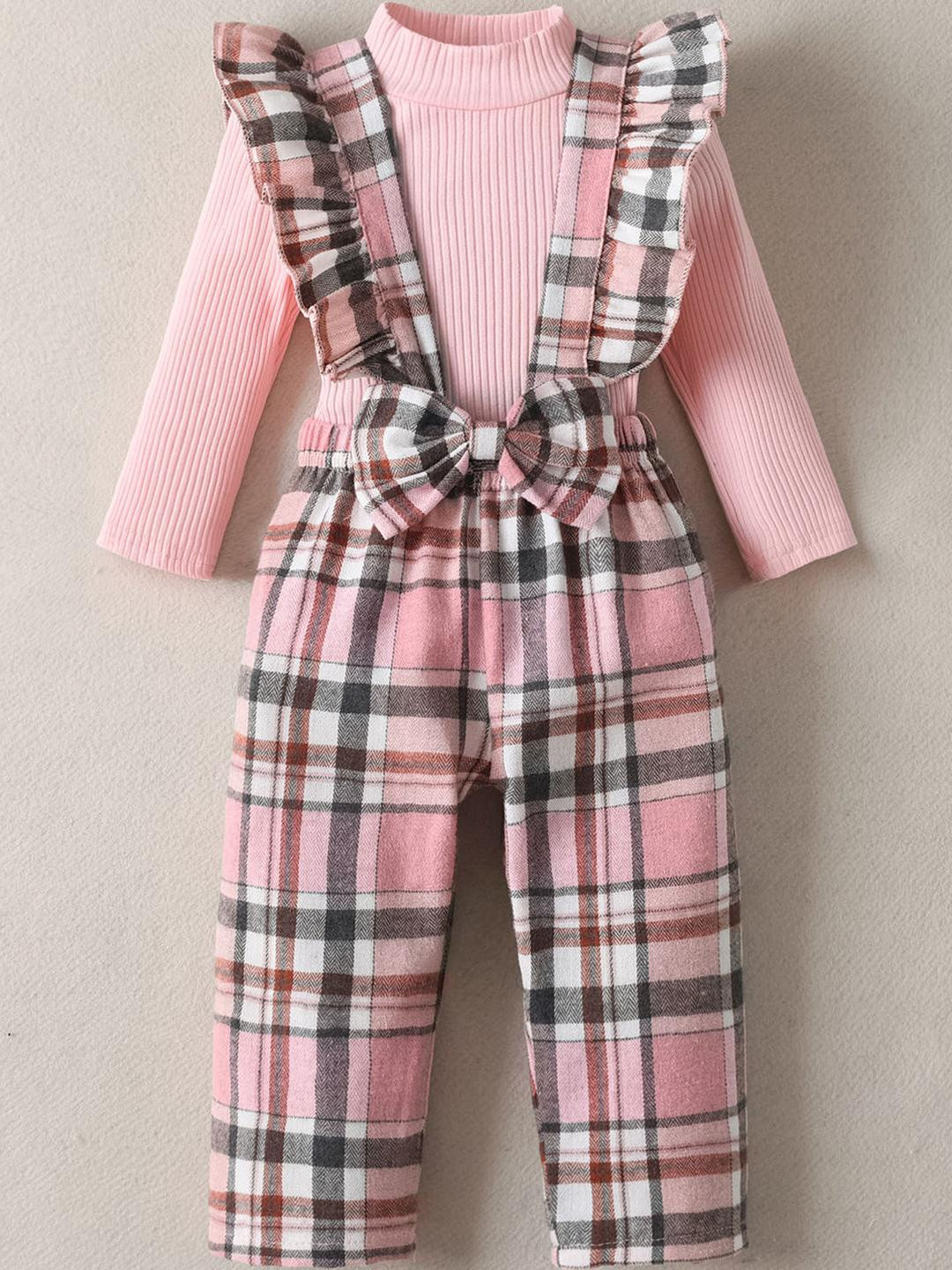 Plaid Print Bow Applique Blouse and Dungaree Overall Set