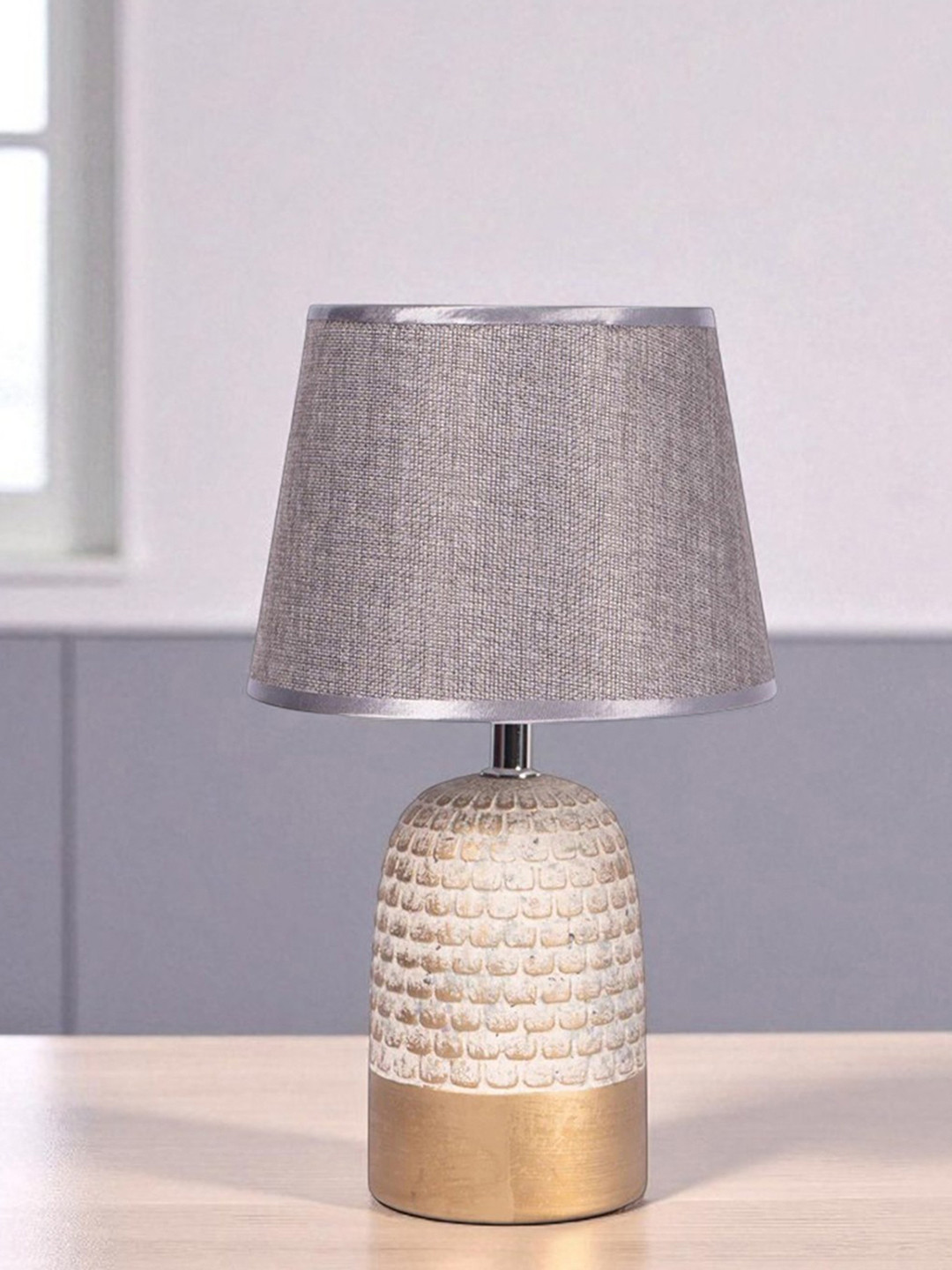 AARVI DECOR STUDIO Grey Ceramic Frustum Shaped Table Lamp
