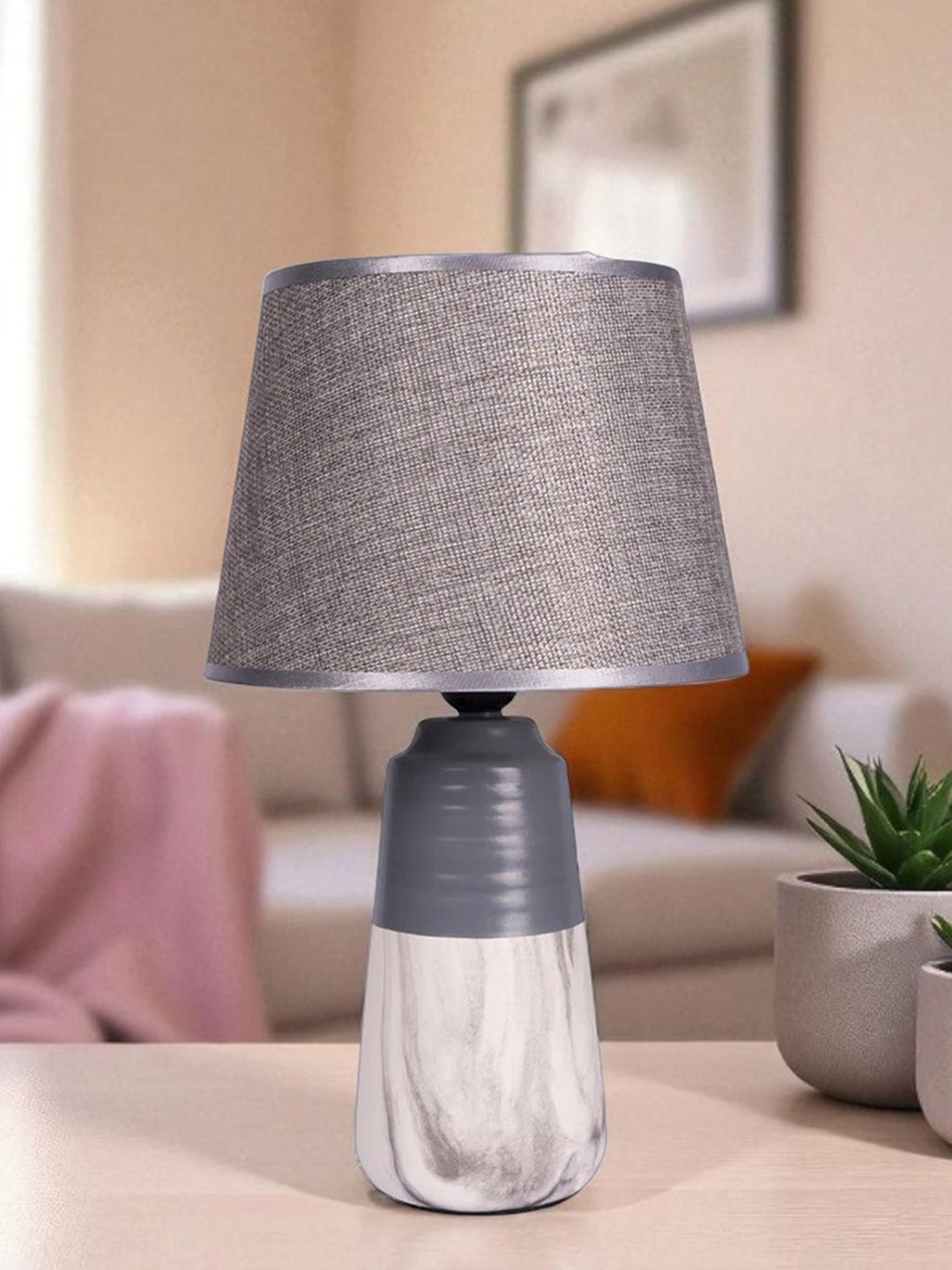 Gray Table Lamp Versatile With   Stylish Design  With Fabric Textured Lampshade Frustrum Shaped Ceramic Base