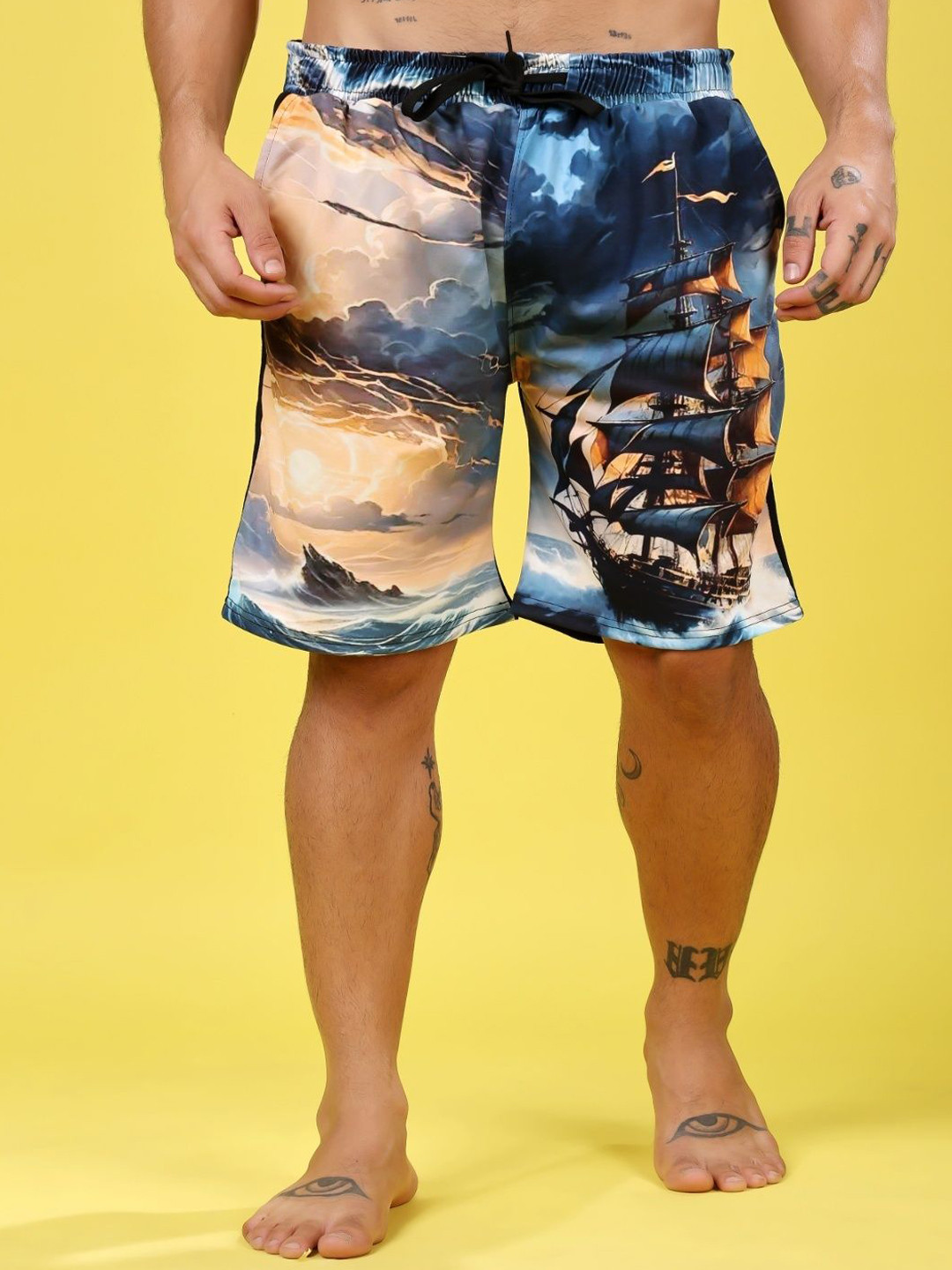 YELLOW TREE Men Tree Pirate Ship Printed Outdoor Shorts