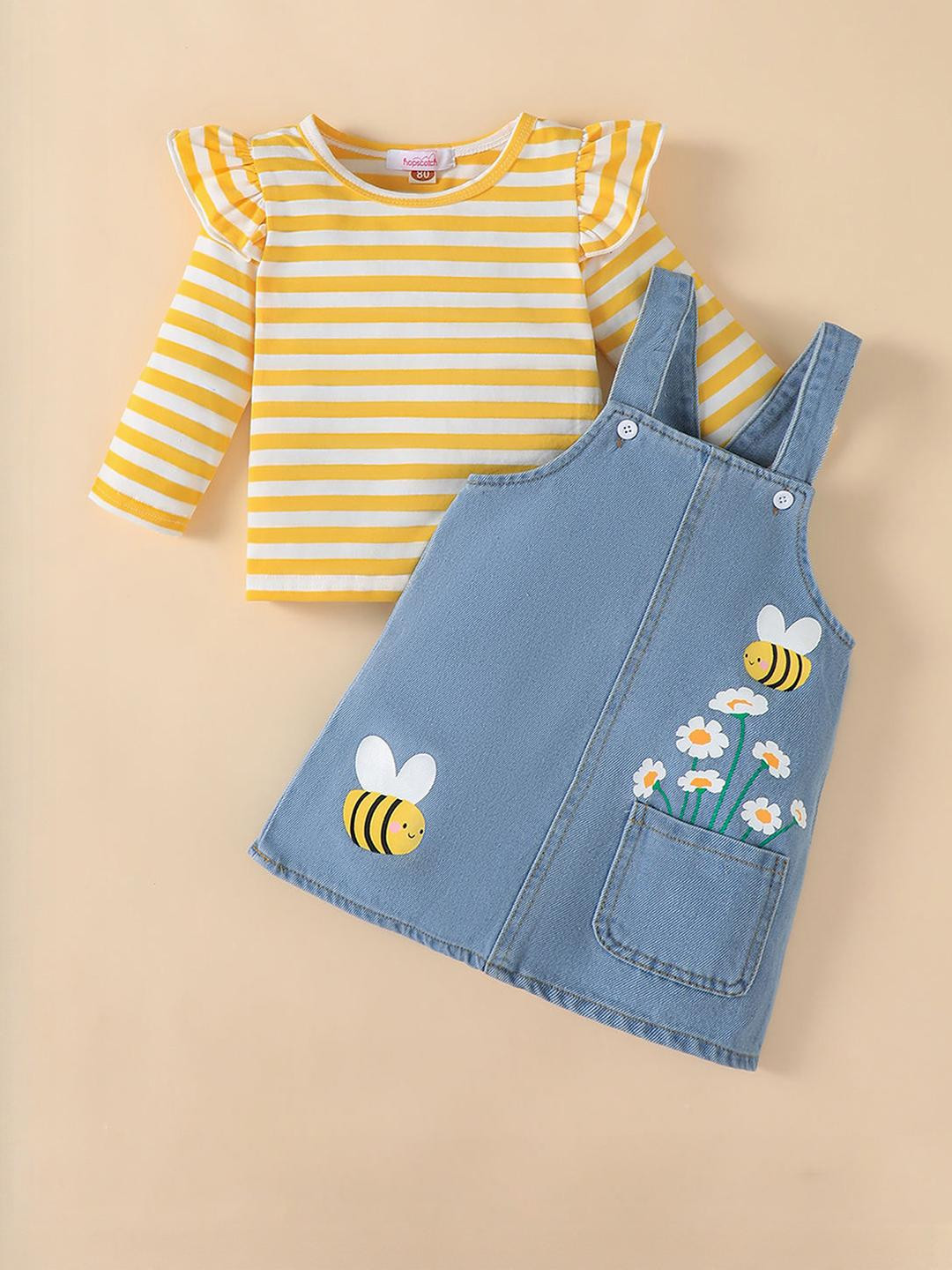 2-Pc Bee & Daisy Striped Blouse & Pinafore