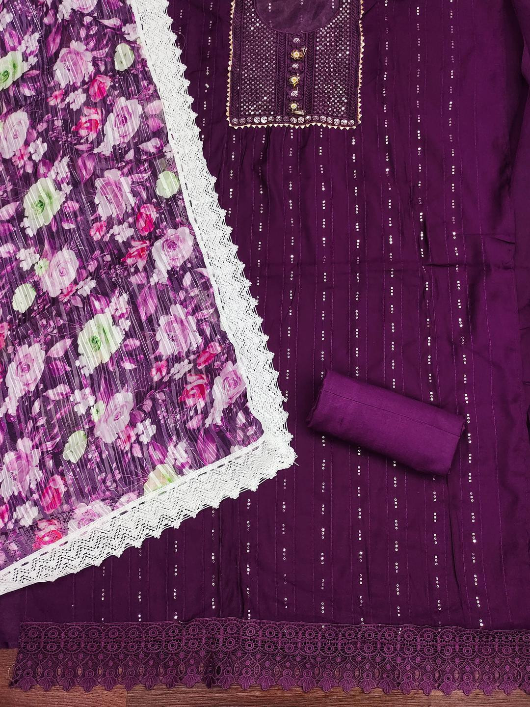 Kalini Women Purple Roman Silk Sequence Unstitched Dress Material with Dupatta