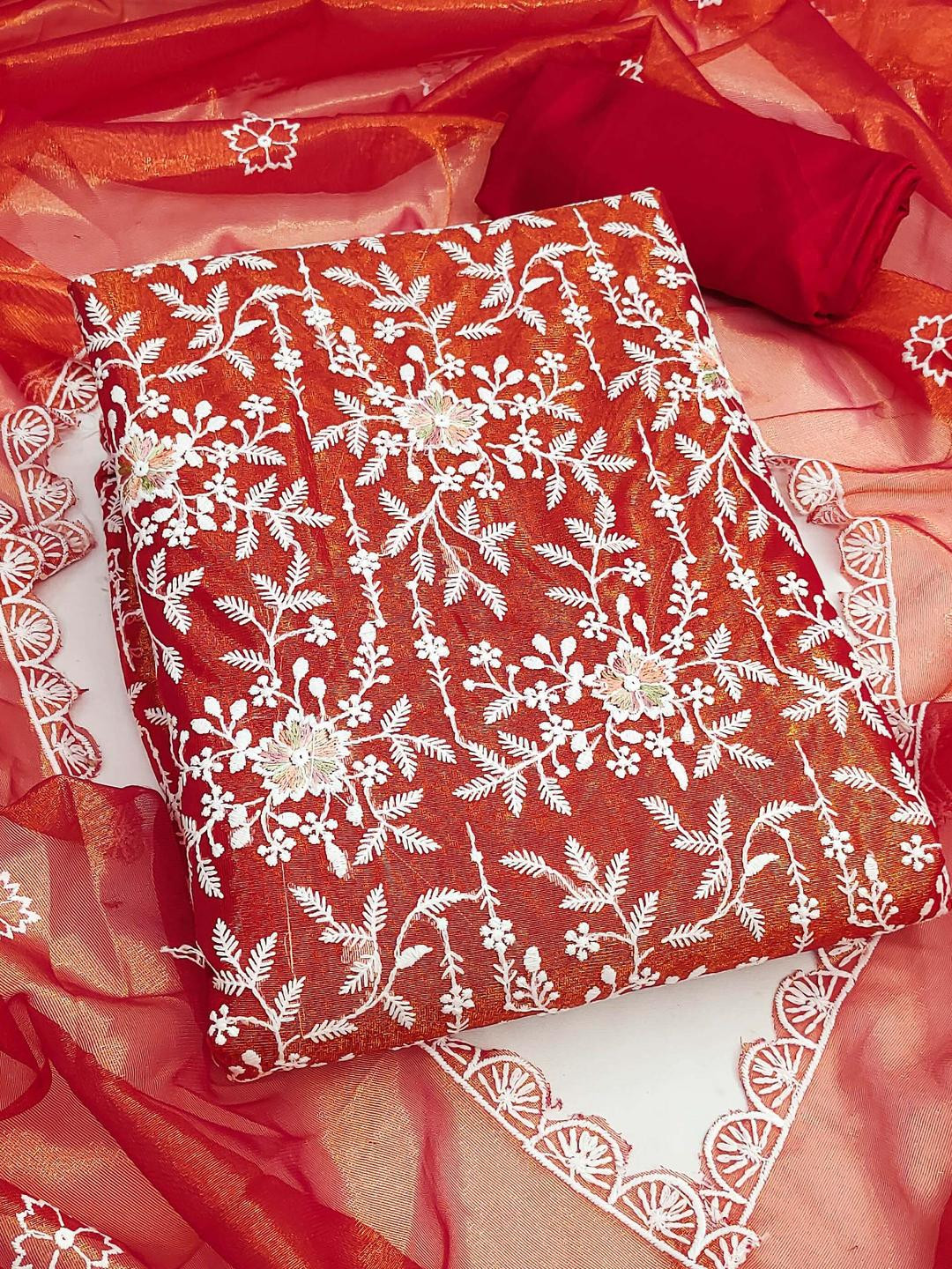 Kalini Women Red Twill Silk Embroidery Unstitched Dress Material with Dupatta