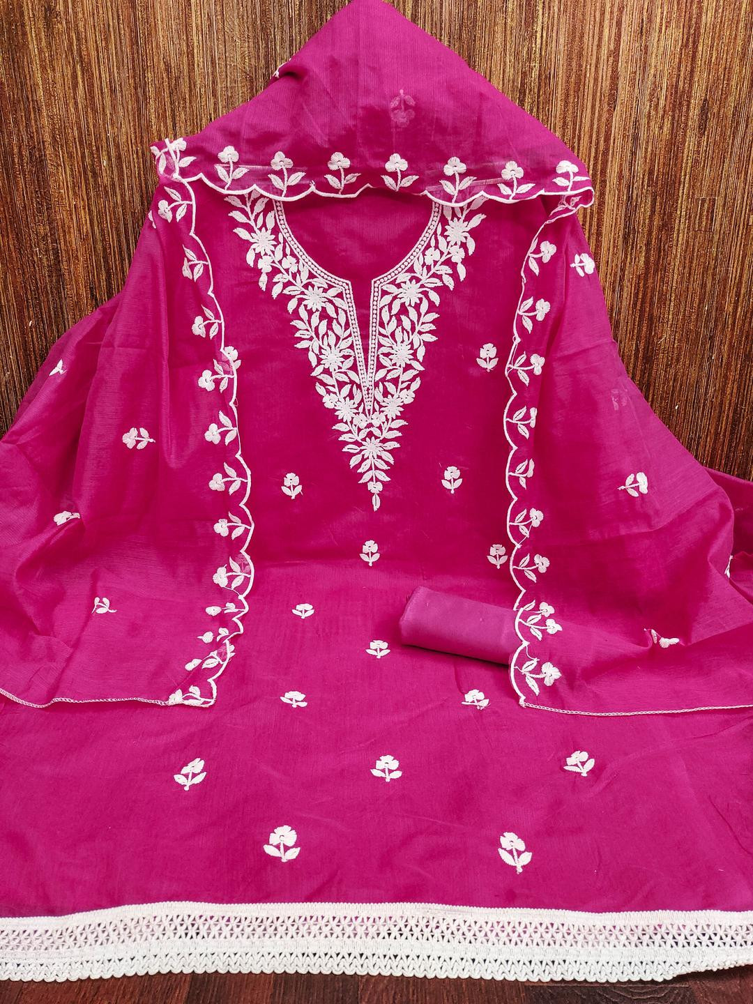 Kalini Women Pink Chanderi Cotton Weaving Unstitched Dress Material with Dupatta
